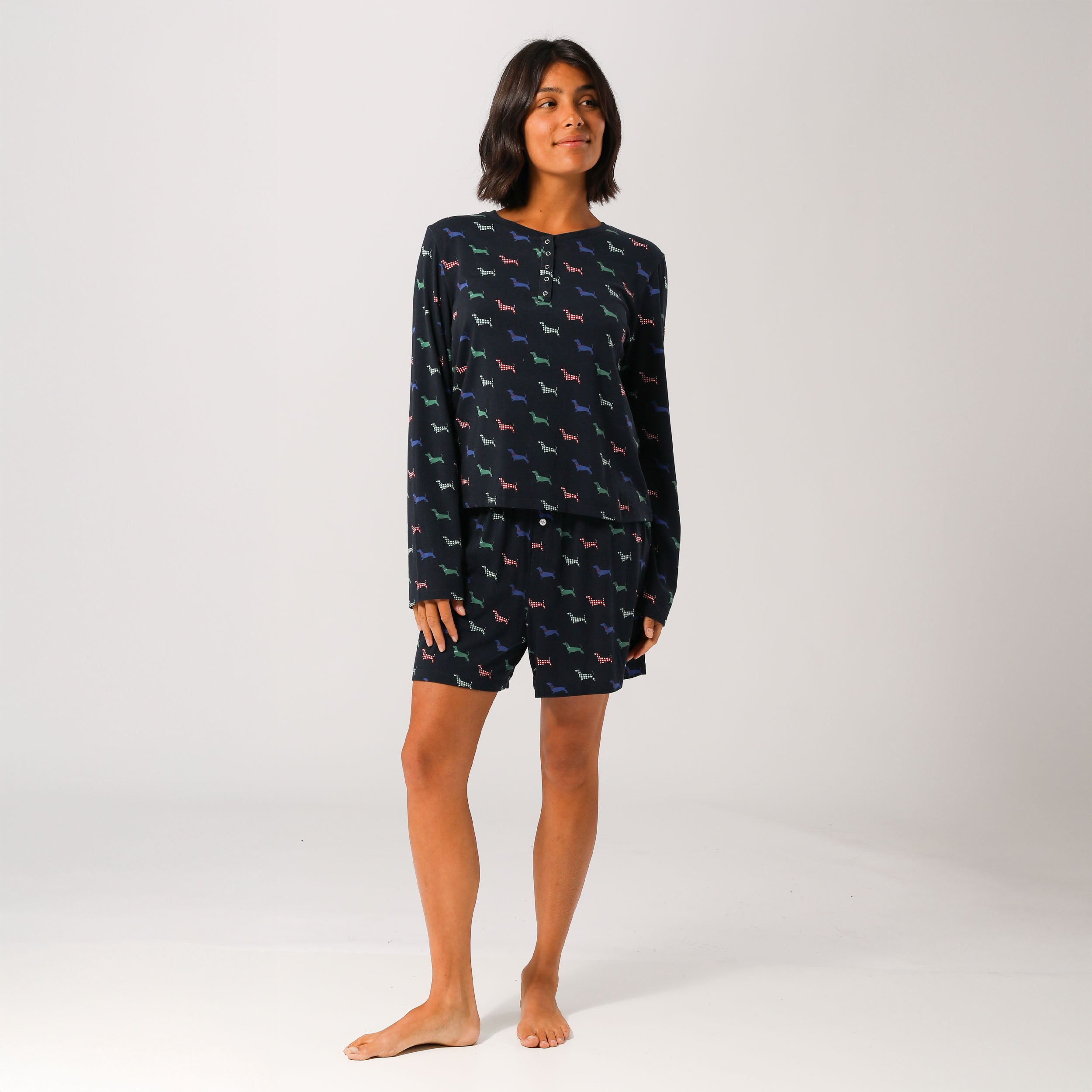 Eco-Friendly Women's Bamboo Long Sleeve T-Shirt - Soft & Breathable Doggy Check Print in Navy Blue | Perfect for Casual Wear, Yoga & Outdoor Activities