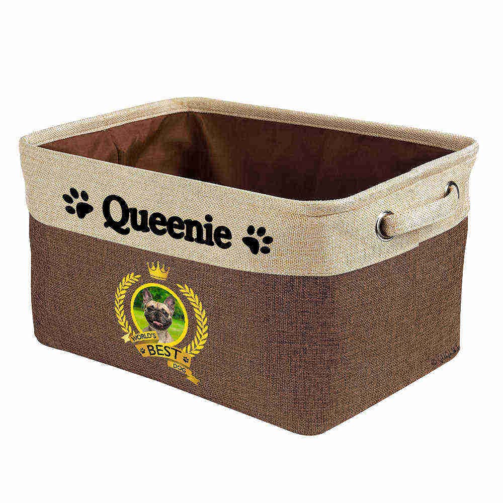Custom Name Collapsible Dog Toy Storage Basket - Foldable Pet Organizer Bin with Handles for Bedroom, Home (Brown) | Perfect for French Bulldog Toys, Cat Supplies & Closet Shelf Organization