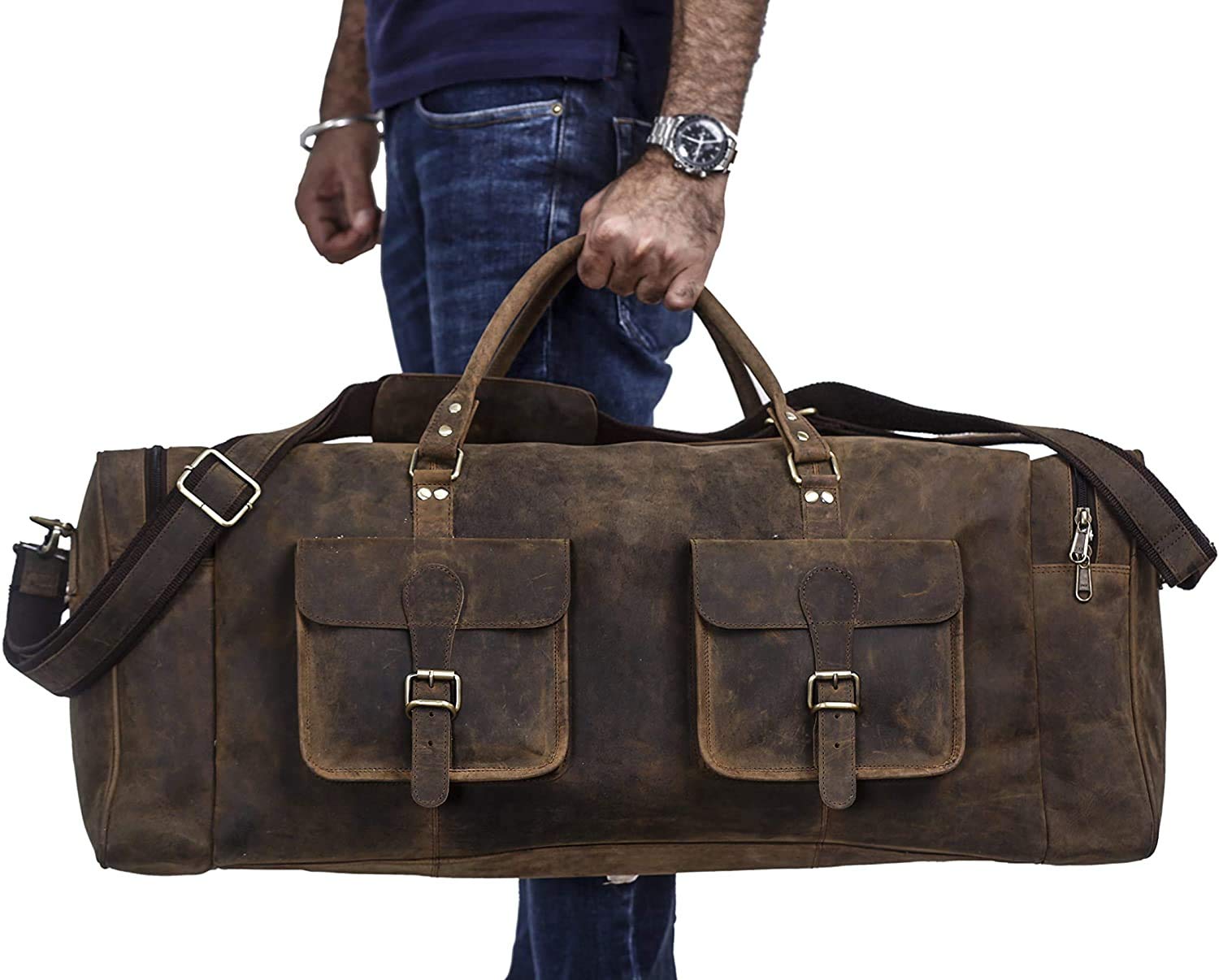 KomalC 28 Inch Distressed Brown Leather Duffle Bag - Large Travel Gym Sports Overnight Weekender Carry On Bag for Men & Women - Perfect for Gym, Sports, Travel & Cabin Luggage