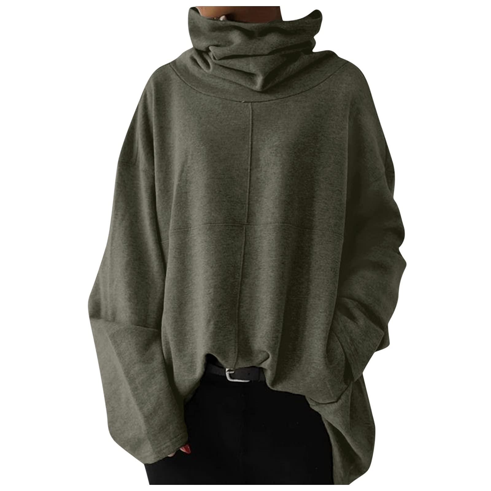 Women's Casual Long Sleeve Turtleneck Sweatshirt with Pocket - Loose Fit Solid Color Pullover Top for Everyday Wear, Work & Sleep