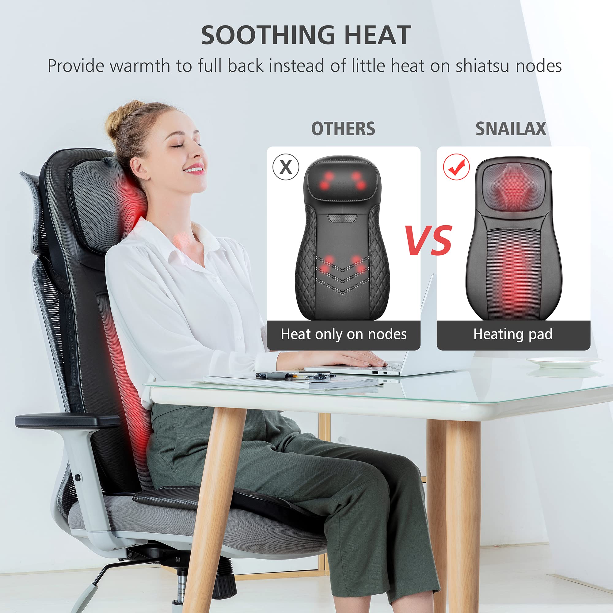 Snailax Shiatsu Massage Chair Pad with Heat - Full Body Deep Kneading & Rolling Massage for Neck, Back & Shoulders - Adjustable Height - Perfect Gift for Men & Women - Ideal for Home, Office & Car Relaxation