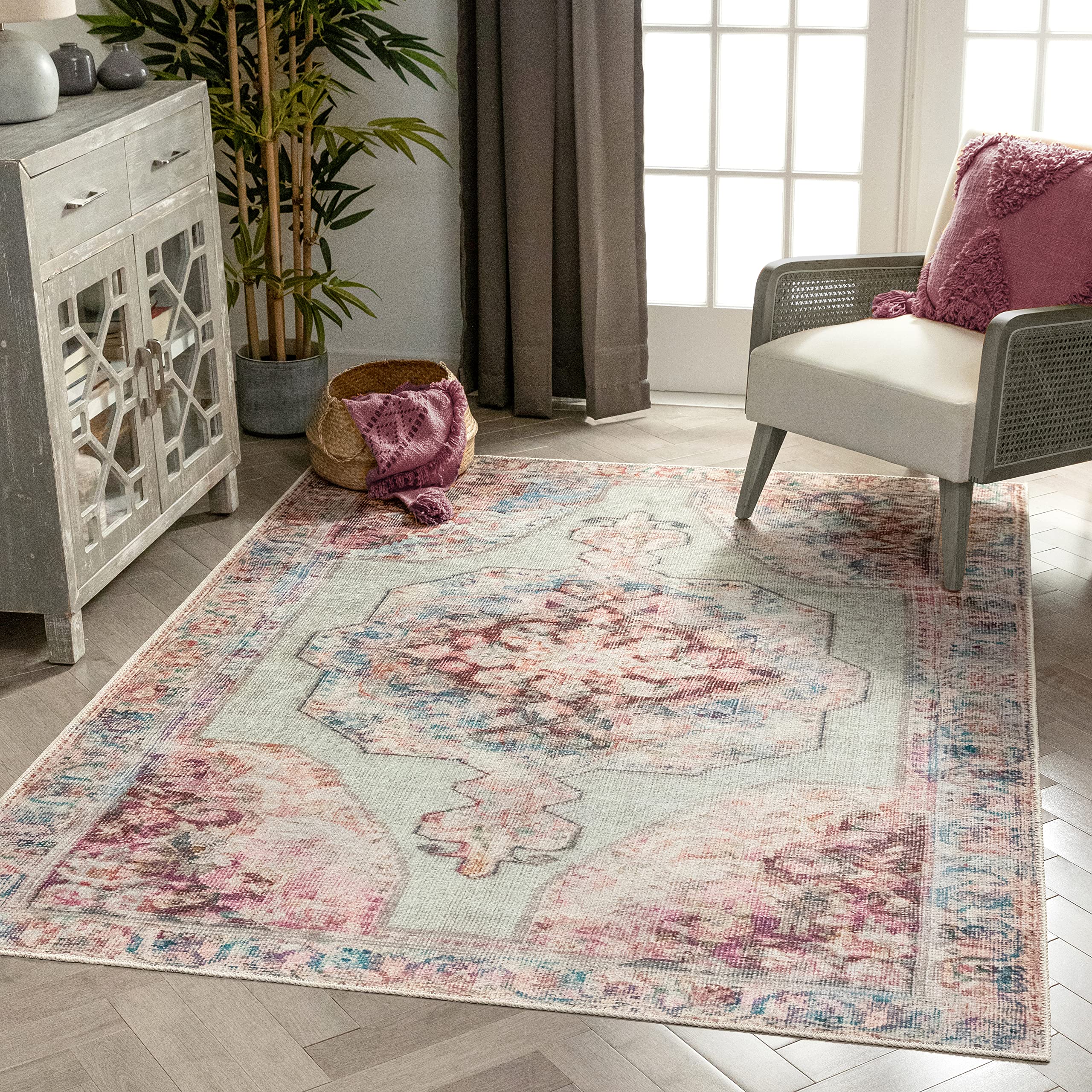 Well Woven Lotus Ramon Pink Pastel Green Vintage Persian Botanical Runner Rug - 2'7
