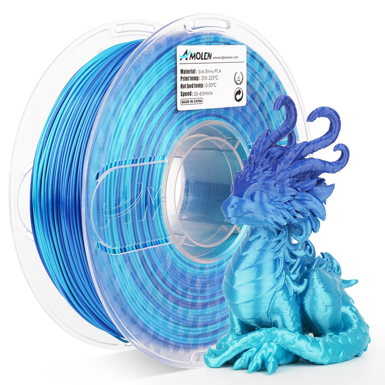AMOLEN Premium PLA 3D Printer Filament 1.75mm - Silk Shiny Gradient Filament in Azure Blue (1KG/2.2lb) for Smooth 3D Printing | Perfect for Cosplay Props, Home Decor & DIY Projects