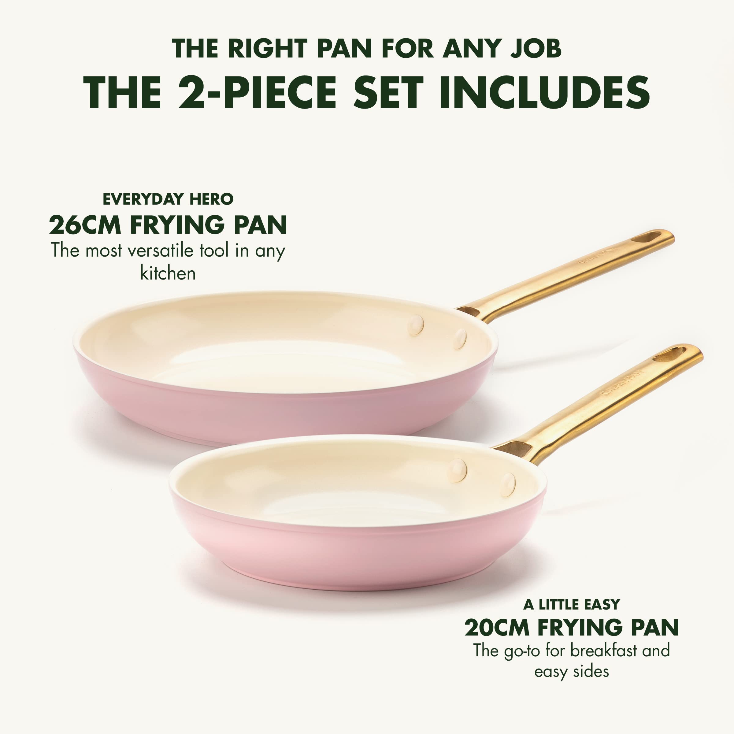 GreenPan Reserve Hard Anodized Healthy Ceramic Nonstick 20cm & 26cm Frying Pan Skillet Set - PFAS-Free, Induction & Oven Safe Cookware with Gold Handle (Blush Pink) - Perfect for Healthy Cooking, Sautéing & Frying in Modern Kitchens