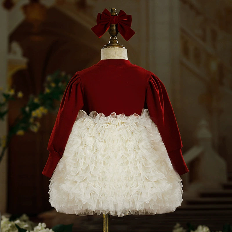 Burgundy Princess Round Neck Tea-Length Tulle Flower Girl Dress for Weddings & Special Occasions