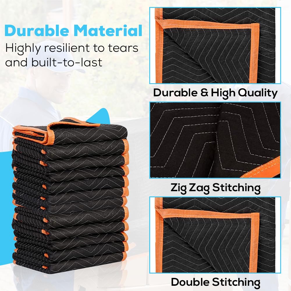 SIMPLI-MAGIC 79523 Heavy Duty Padded Moving Blankets - 12 Pack, 72” x 80” Black/Orange - Furniture Protector, Appliance Wrapping & Moving Supplies for Home, Office & Truck Transport