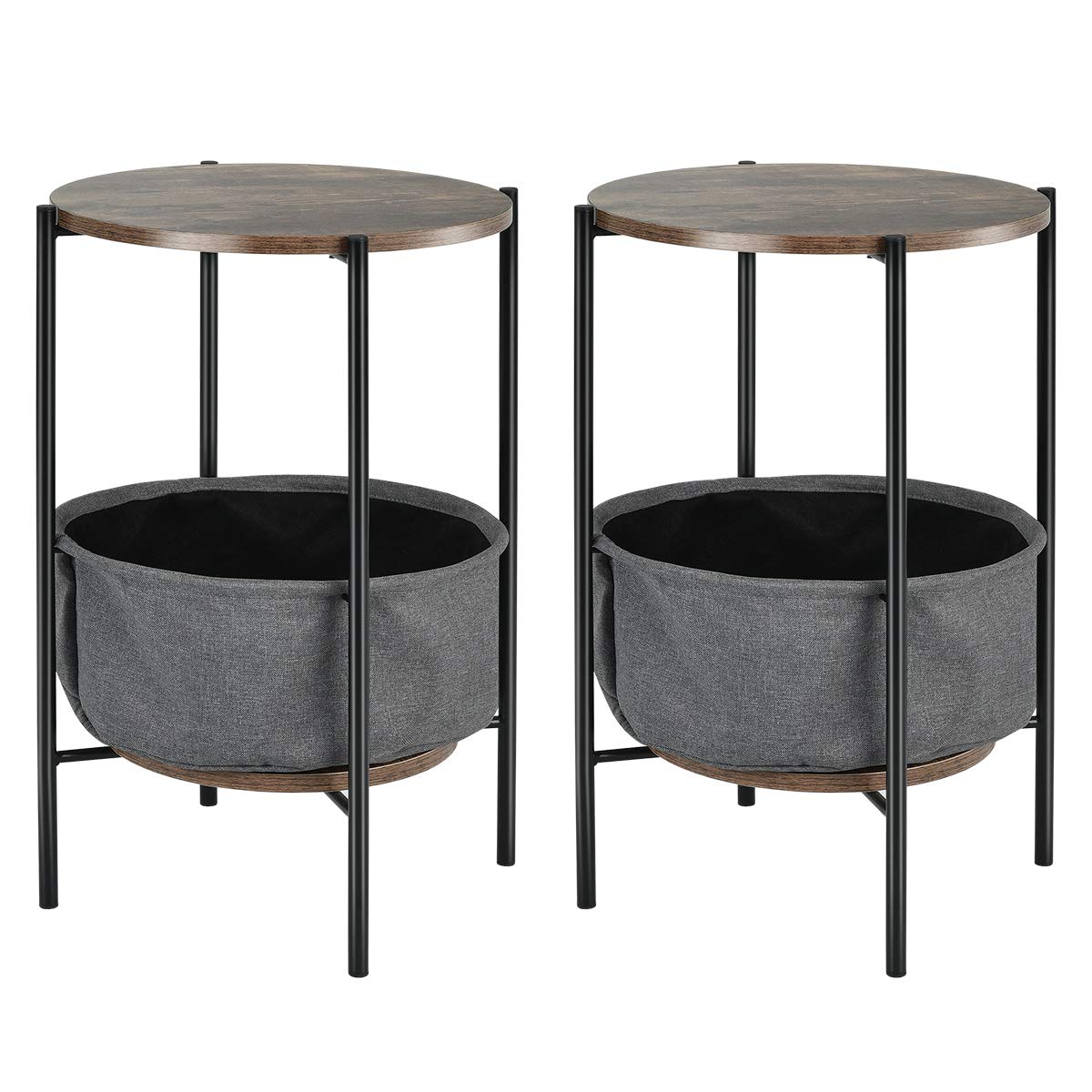 Giantex 2-Pack Round Side Table with Fabric Basket, Metal Frame & Wood Top - Multi-Functional Small Sofa Table for Living Room, Dorm, Bedroom - Grey | Perfect for Holding Books, Drinks, and Decor in Compact Spaces