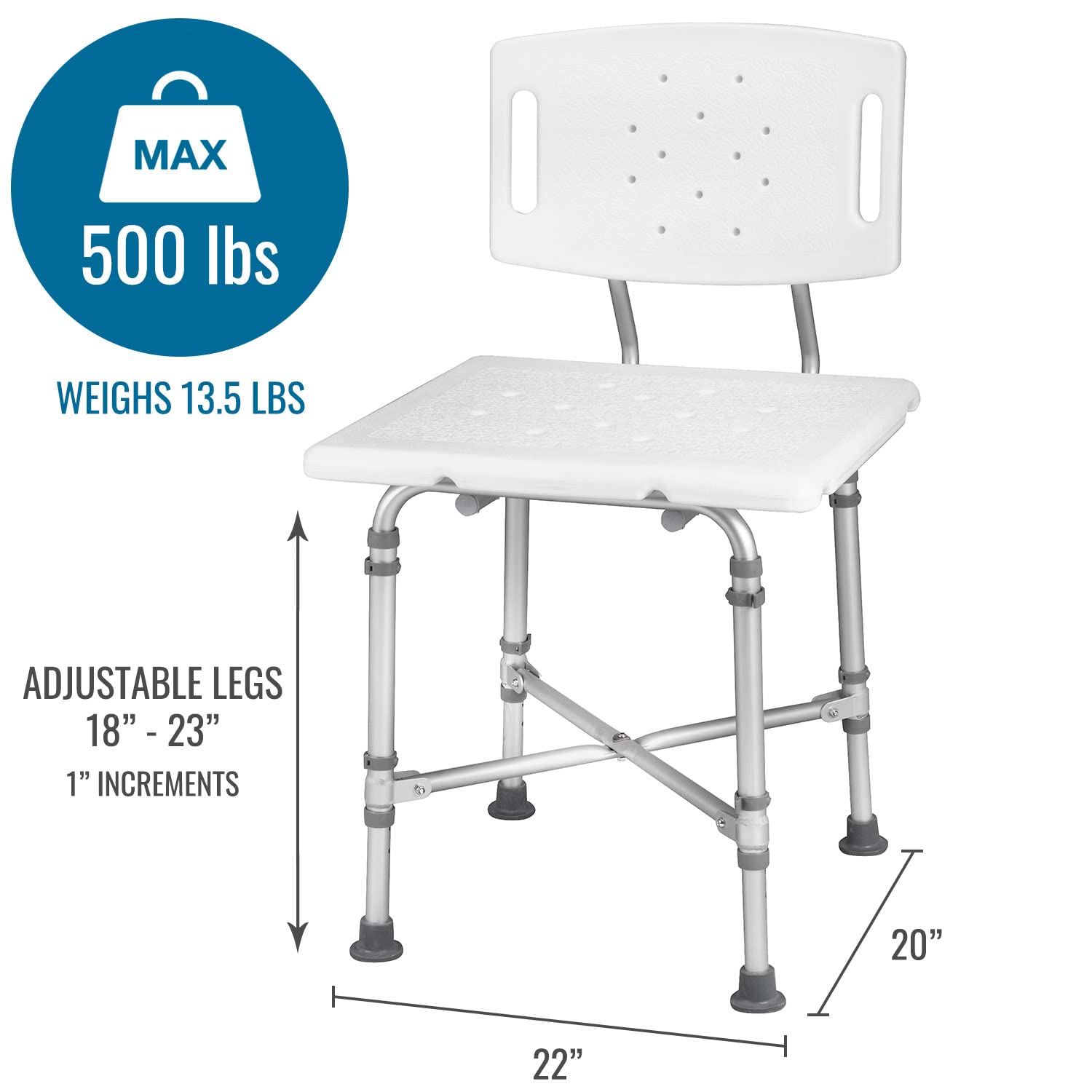 DMI Adjustable Height Shower Chair for Elderly & Disabled - 500lb Weight Capacity Aluminum Bath Seat with Plastic Seat for Tub or Shower - FSA/HSA Eligible White Bath Bench (Perfect for Seniors, Post-Surgery Recovery & Safe Bathing)