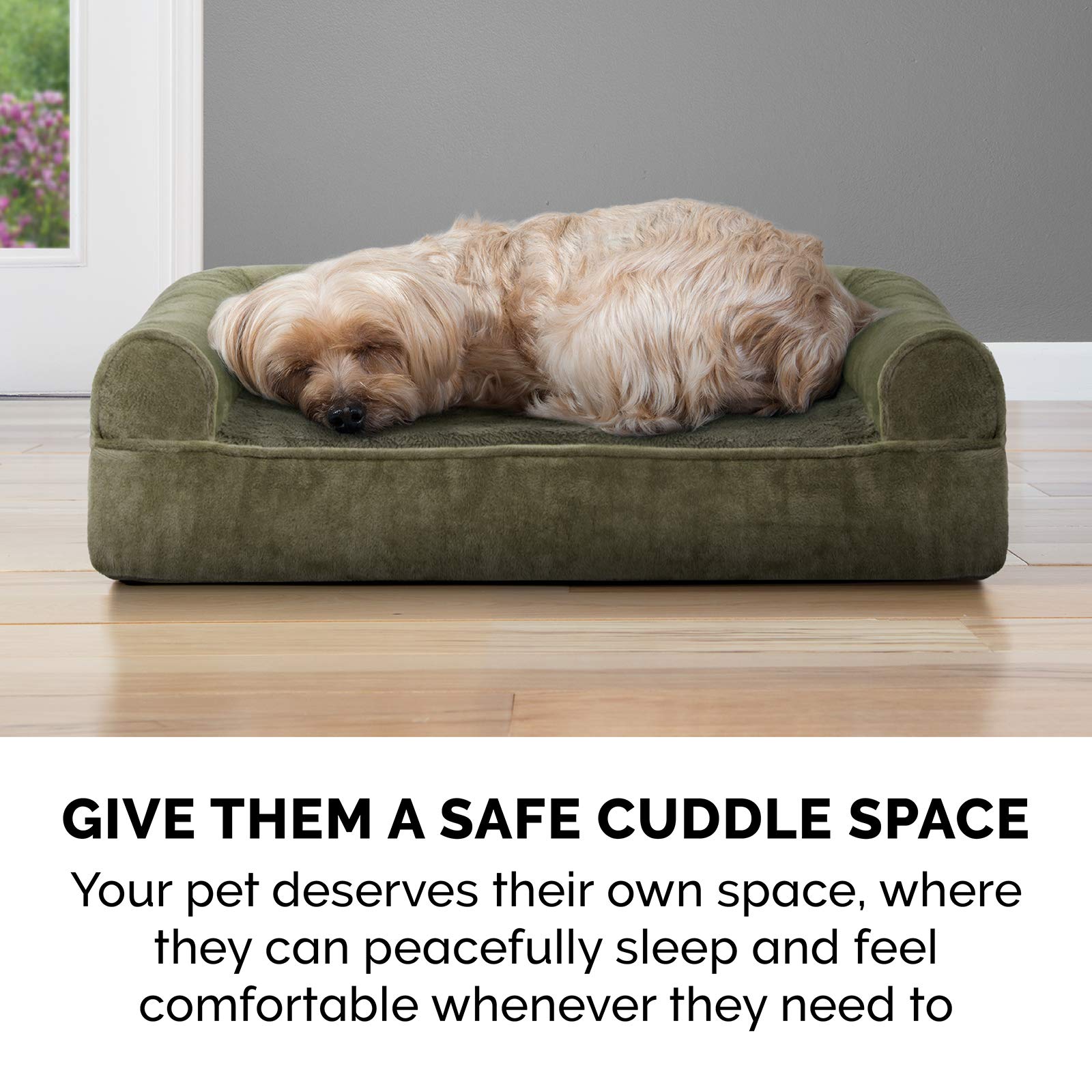 Furhaven Cooling Gel Dog Bed for Large & Medium Dogs - Removable Bolsters & Washable Cover - Supports Up to 55 lbs - Faux Fur & Velvet Sofa Style - Dark Sage (Large) - Perfect for Hot Weather & Indoor Comfort