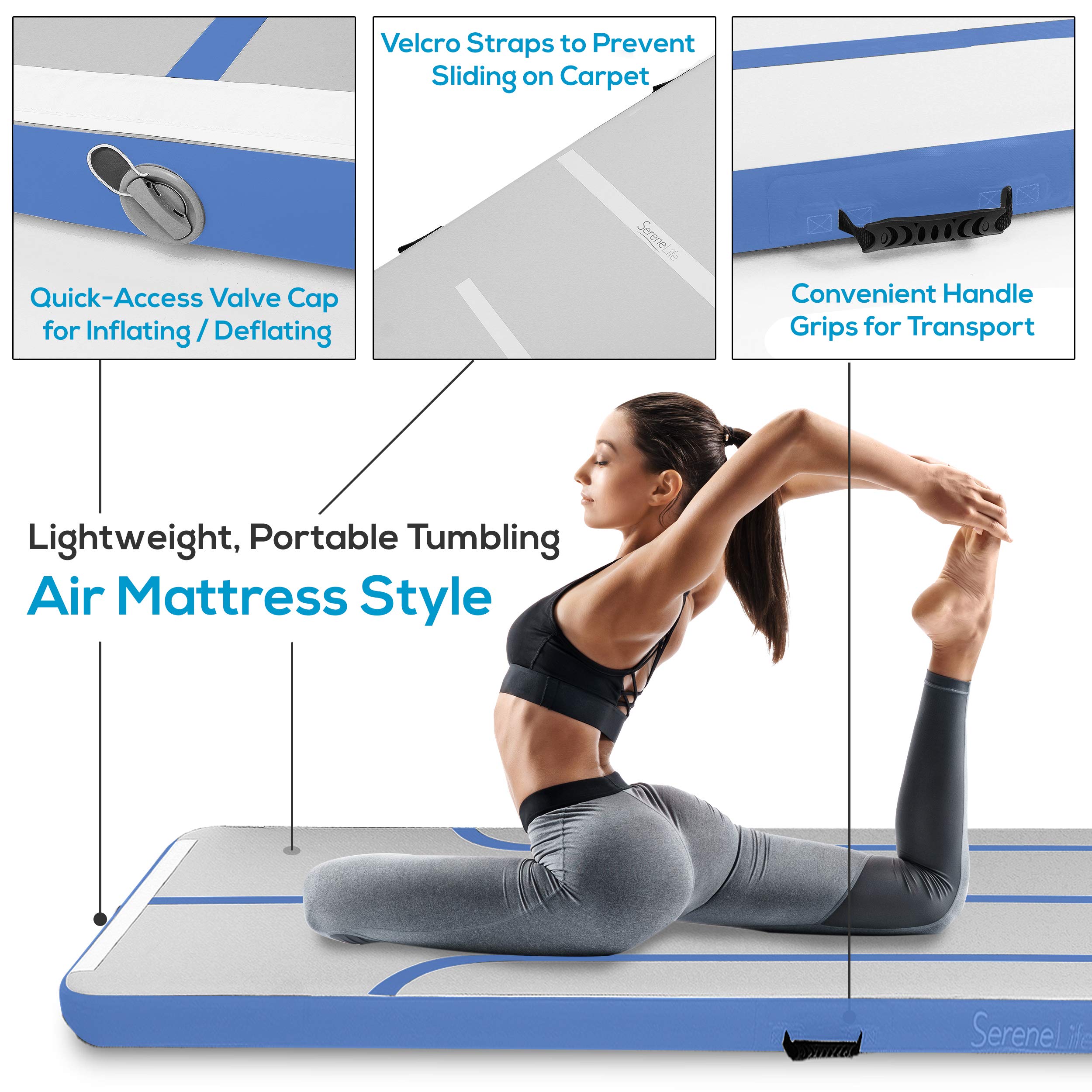SereneLife 10FT Gymnastics Inflatable Air Tumbling Mat - 4in Thick Floating Water Mat for Yoga, Cheerleading & Training | Indoor/Outdoor Use with Electric Pump | Perfect for Backyard, Pool, Gym & Home Fitness