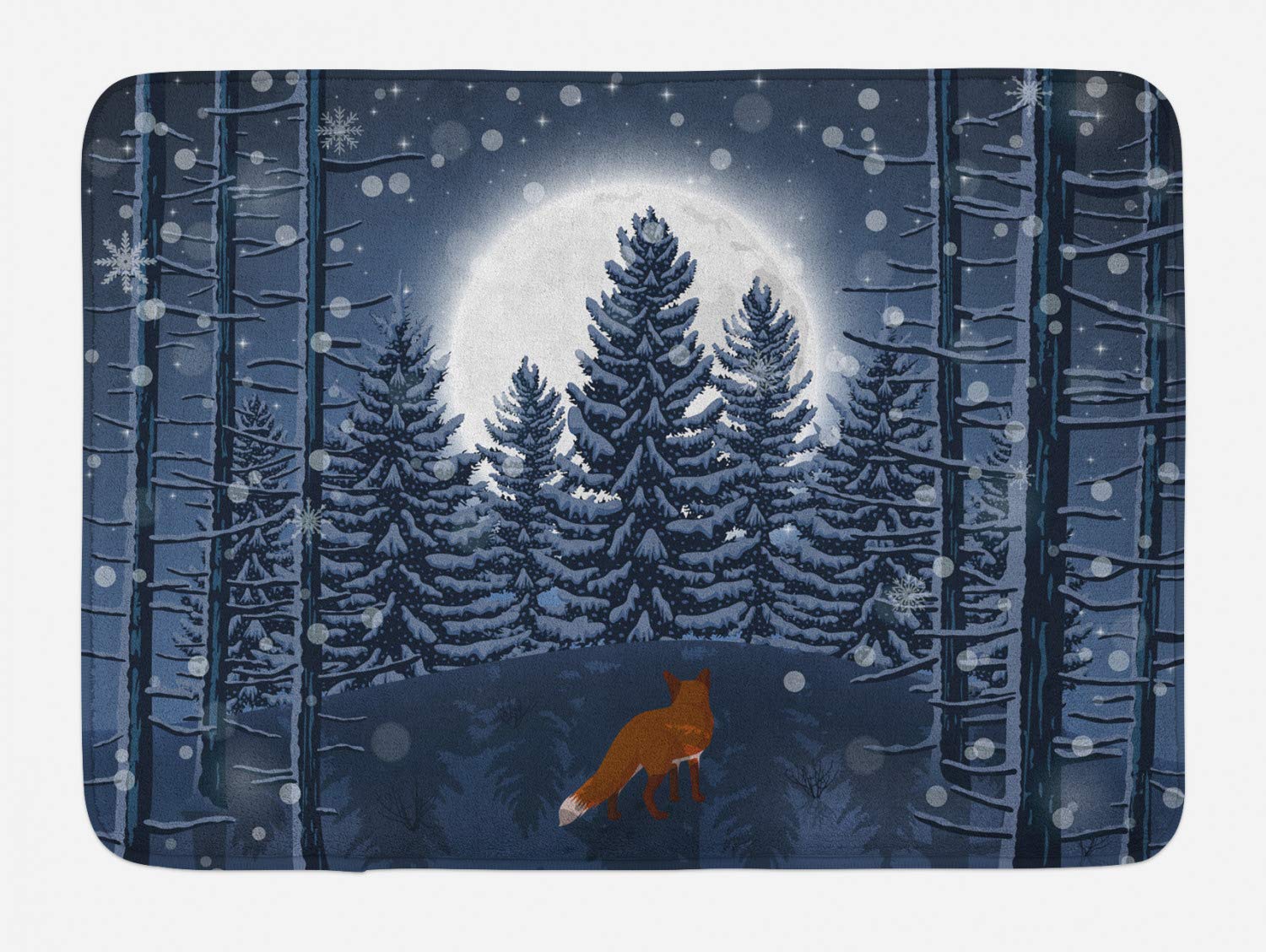 Lunarable Winter Bath Mat - Wild Fox Animal Night Forest with Full Moon & Snow, Non-Slip Plush Bathroom Rug 30.2x20 Inches, Blue Grey Slate Blue - Cozy Home Decor for Bathroom, Bedroom & Winter Cabin