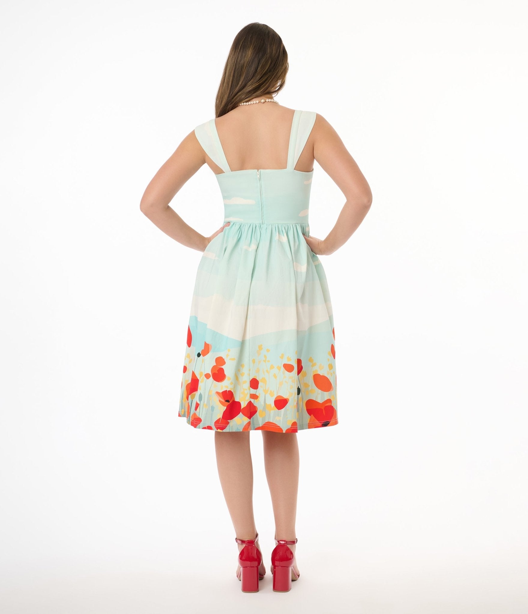 Vintage Blue Sky & Poppy Field Floral Print Sleeveless Swing Dress - Perfect for Summer Weddings, Garden Parties & Boho Fashion Outfits