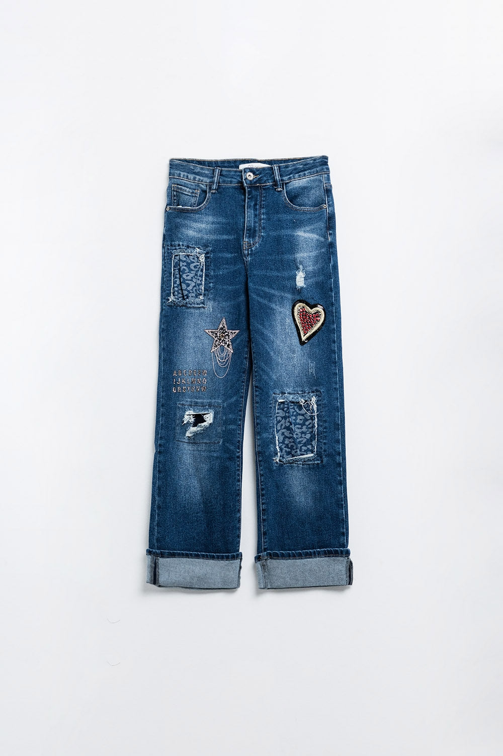 Women's Wide Leg Distressed Denim Jeans with Patch Details - Perfect for Casual Outfits and Streetwear Fashion