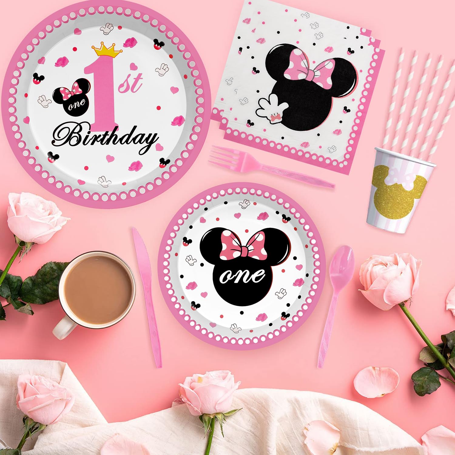 96pcs Pink Minnie Mouse Party Supplies - First Birthday Decorations Set with Plates, Napkins & Forks for Girls | Perfect for Minnie Mouse Themed 1st Birthday Parties, Baby Showers & Disney Celebrations