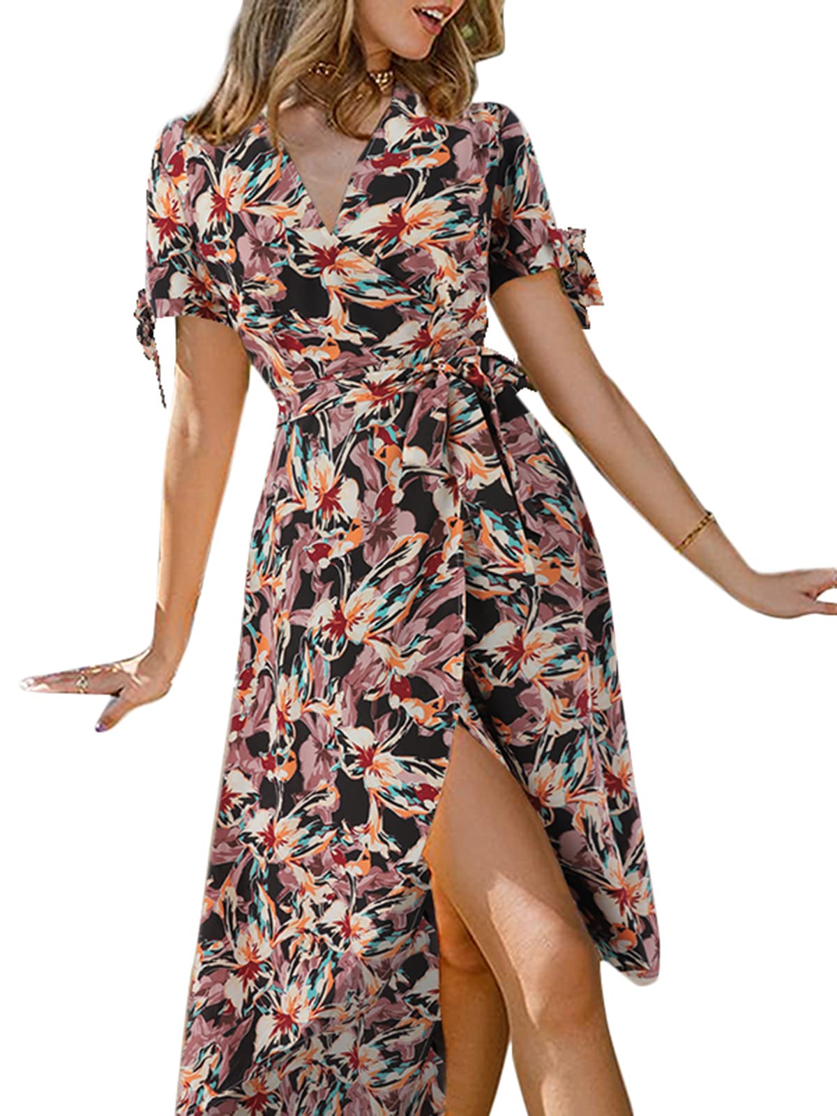 Celmia Women's Floral V-Neck Short Sleeve Midi Dress - Boho Flowy Ruffled A-Line Summer Dress with Belt | Perfect for Beach Vacations, Garden Parties & Casual Outings