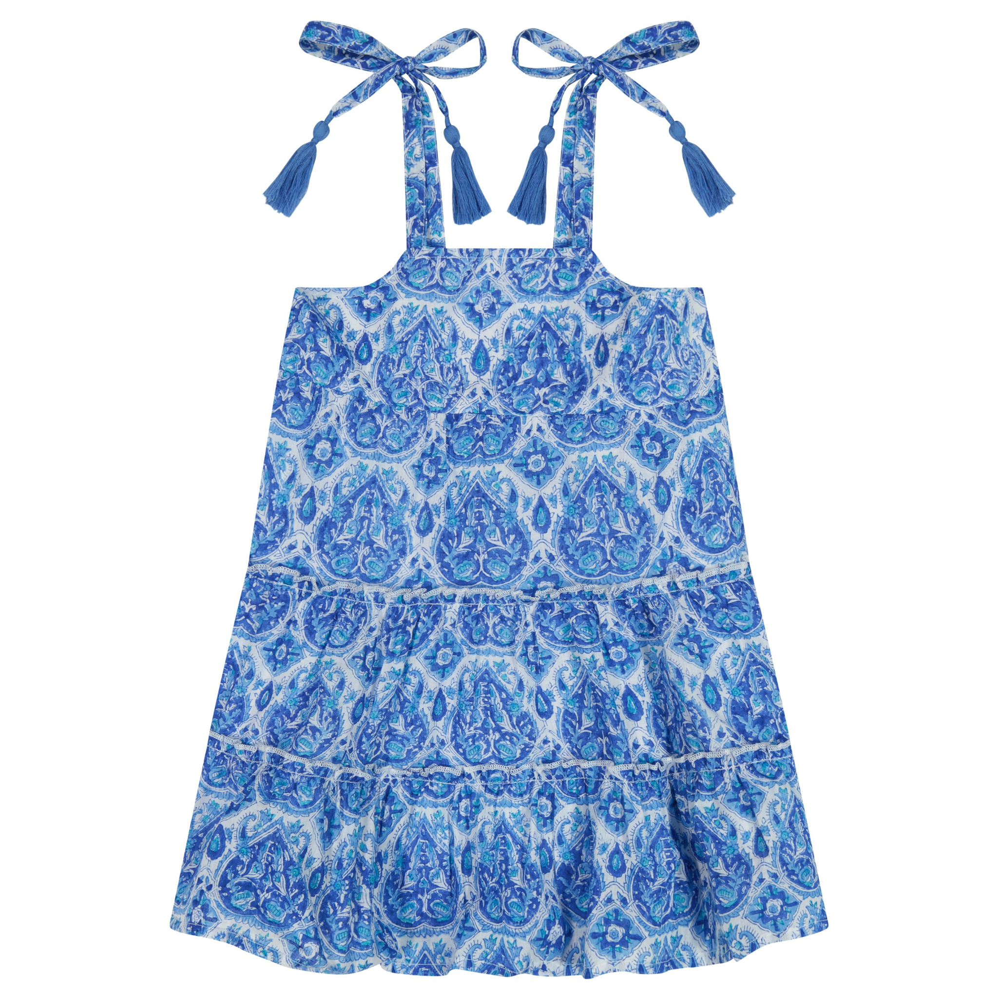 Bella Girl's Blue Paisley Shoulder Tie Sundress - Cute Summer Dress for Girls, Beach Wear, Outdoor Play, and Casual Outings