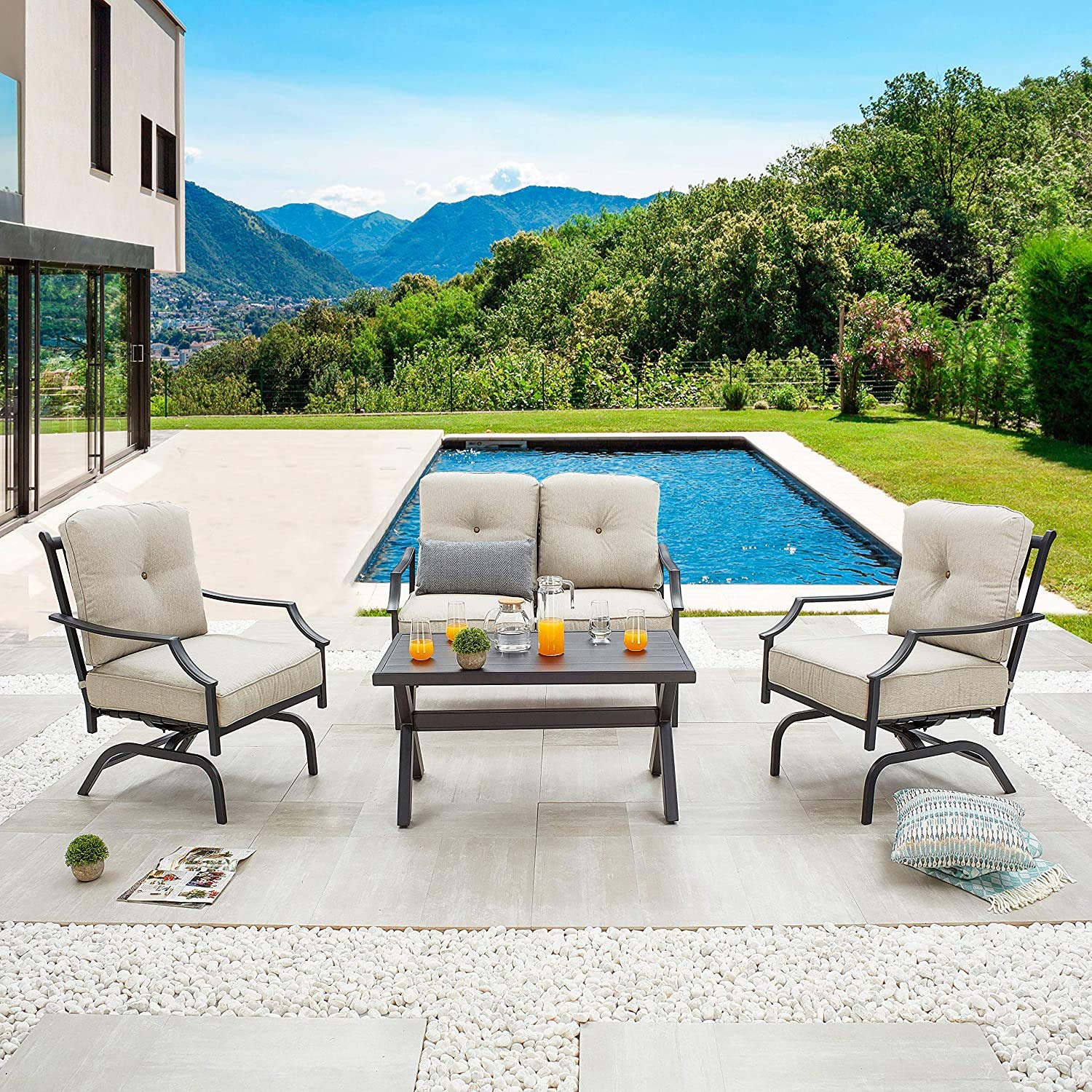 4-Piece Outdoor Patio Furniture Set with All-Weather Cushions - Metal Conversation Set Includes Loveseat, 2 Chairs & Coffee Table for Poolside, Garden, Lawn or Backyard (Beige)