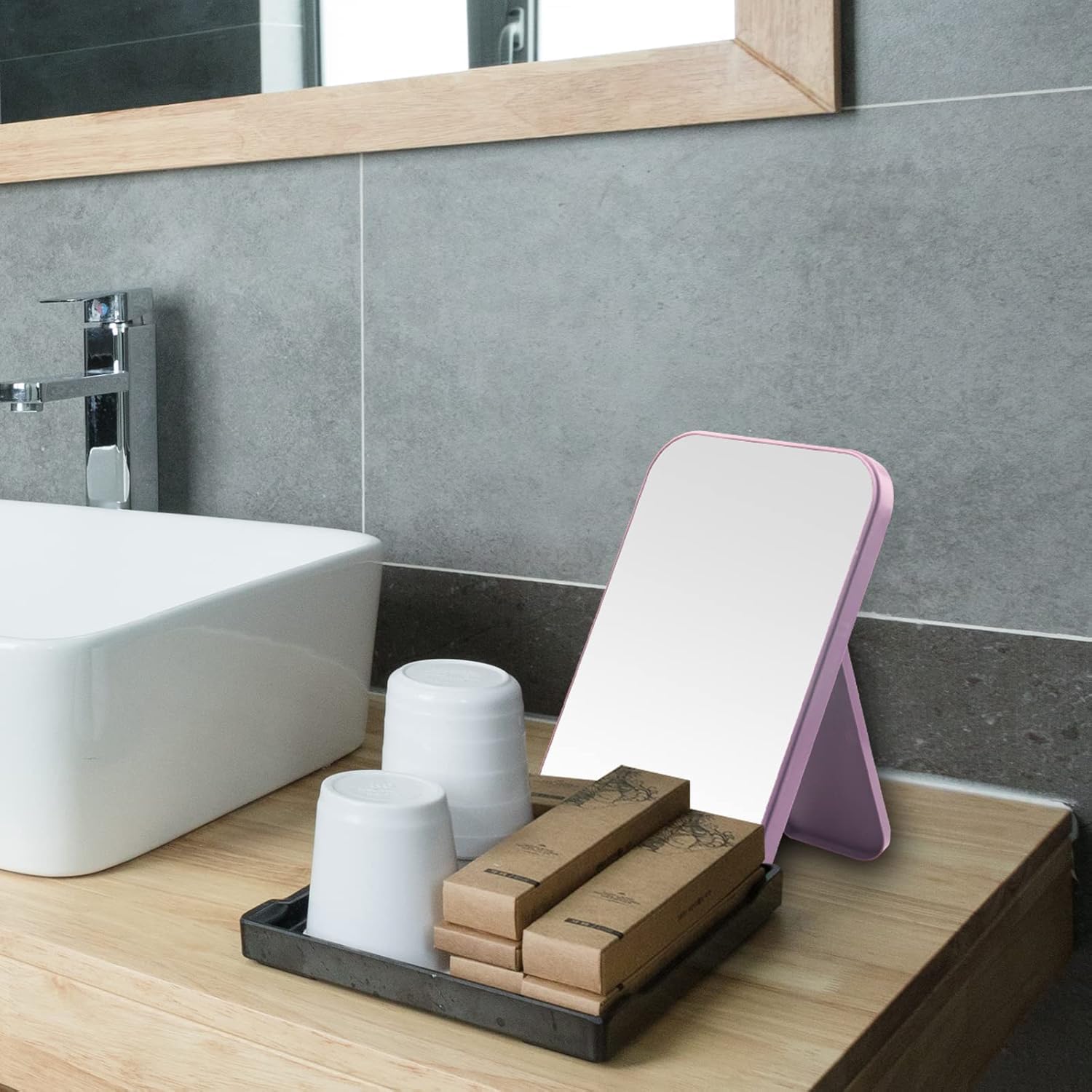 8 Inch Portable Desktop Makeup Mirror - Foldable Standing & Wall Mountable Vanity Mirror with Stand, Beige | Perfect for Home, Travel & Professional Makeup Application
