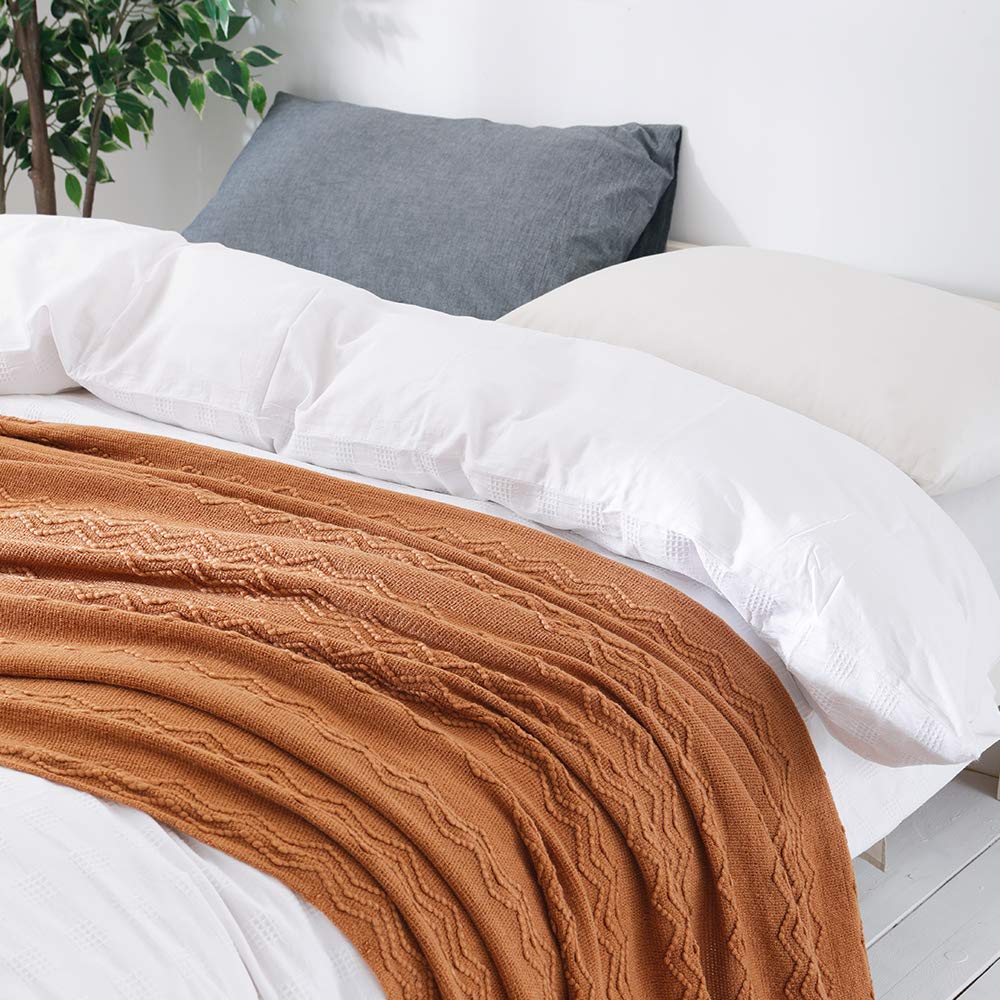 BOURINA 50x60 Inches Soft Knit Throw Blanket - Textured Solid Almond Sofa Couch Blanket for Cozy Living Room, Bedroom & Travel