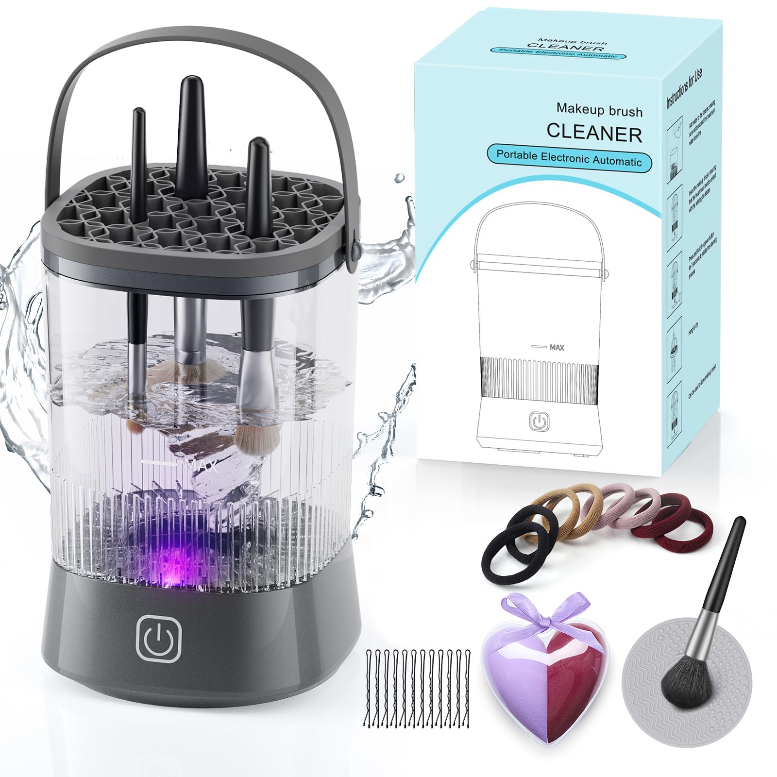 9000 RPM Electric Makeup Brush Cleaner Machine - IP65 Waterproof Automatic Makeup Brush & Sponge Cleaner (Gray) | Professional Cosmetic Tool Cleaning for Home & Salon Use