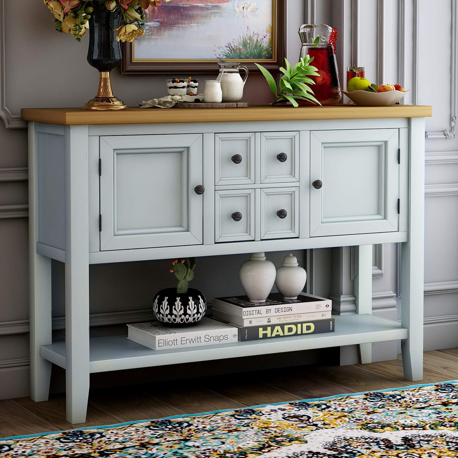 Vintage Wooden Console Table with 4 Drawers & 2 Cabinets - Rustic Buffet Sideboard with Open Shelf - Entryway Sofa Table for Living Room, Bedroom, Hallway - Antique White Finish - Perfect for Home Decor, Farmhouse Style & Small Space Storage Solutions