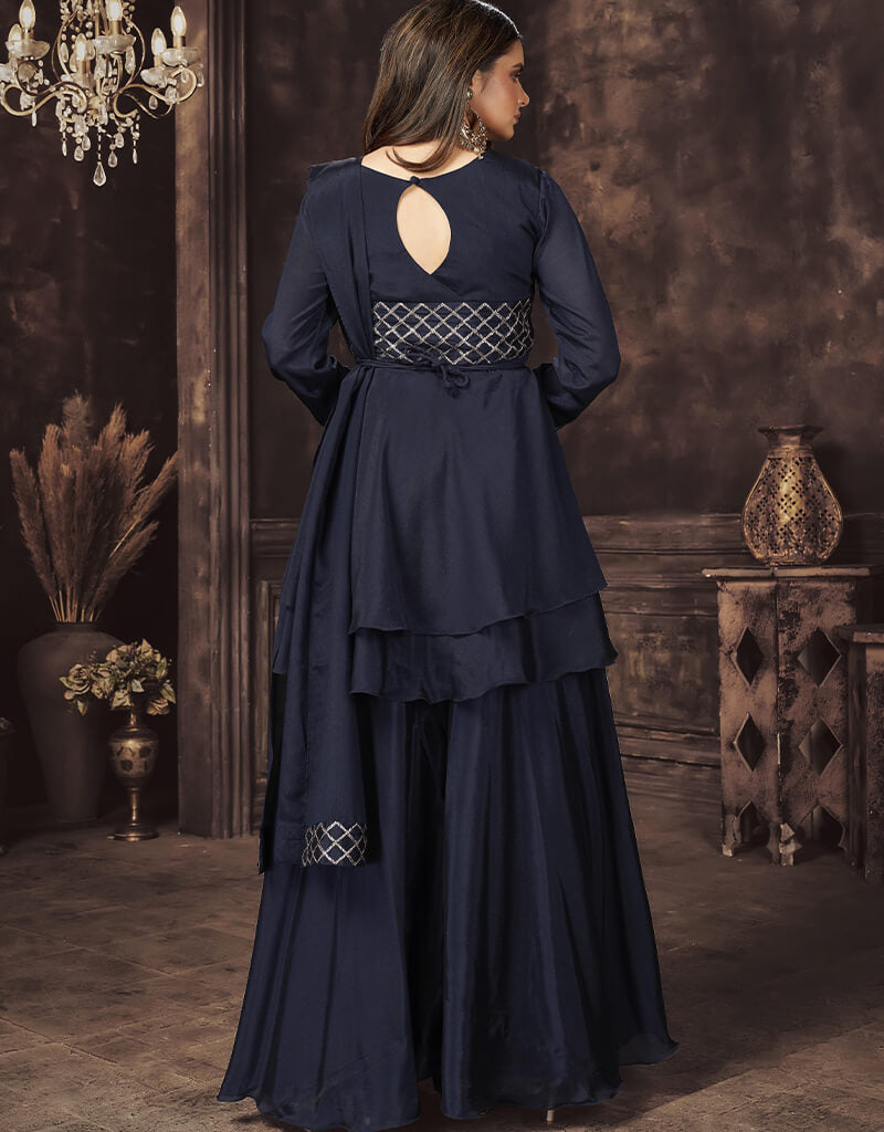 Elegant Blue Chinon Sharara Suit for Women | Pakistani Ethnic Party Wear | Perfect for Weddings, Festivals & Special Occasions