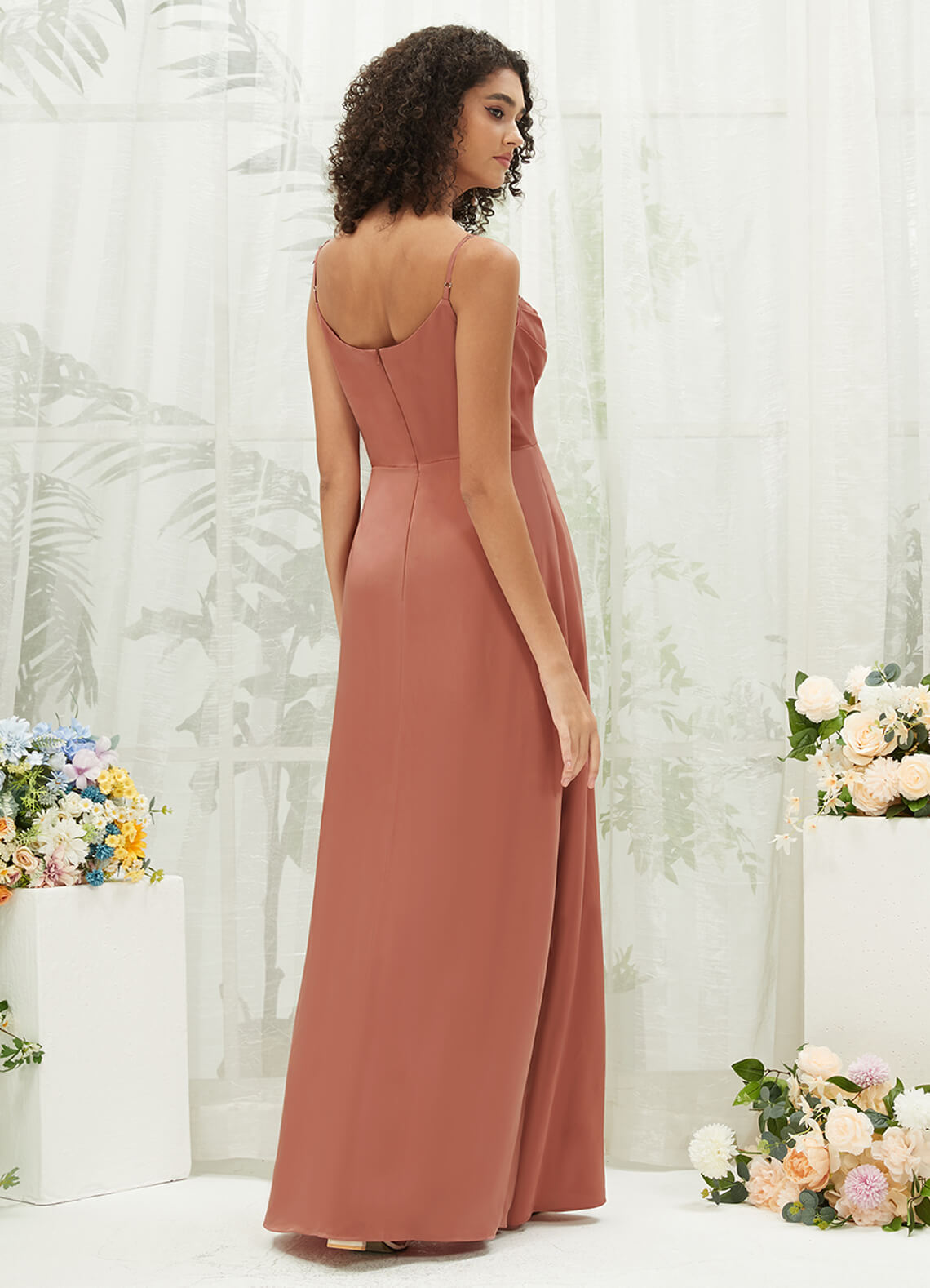 Elegant Desert Rose Cowl Neck Straps Side Slit Silk Satin Convertible Bridesmaid Dress - Perfect for Weddings, Parties & Special Occasions