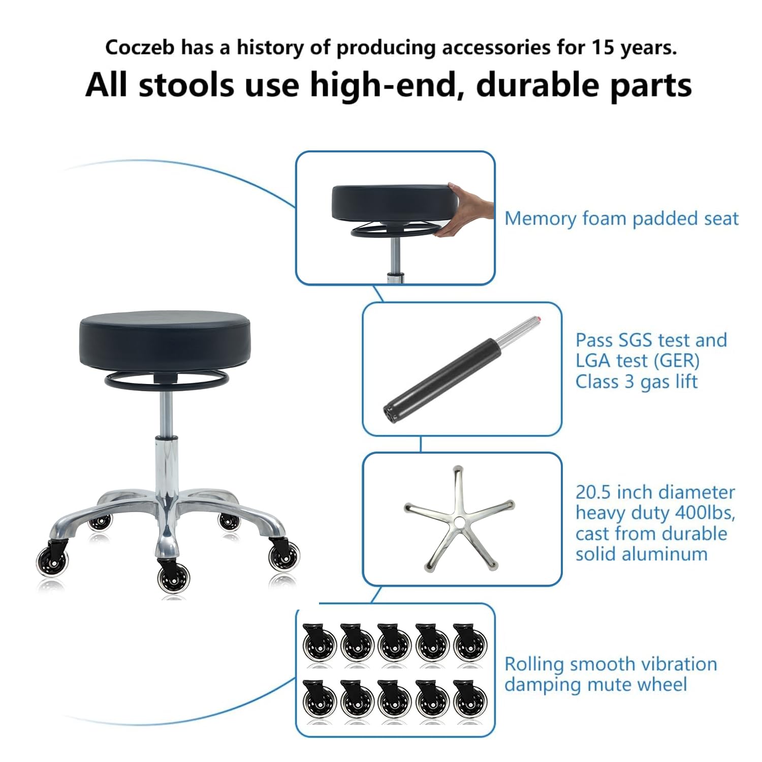 360° Swivel Rolling Stool Chair for Tattoo, Lab, Massage, Nail Salon & Pedicure Spa - Adjustable Height Ergonomic Stool with Wheels for Professionals & Home Use