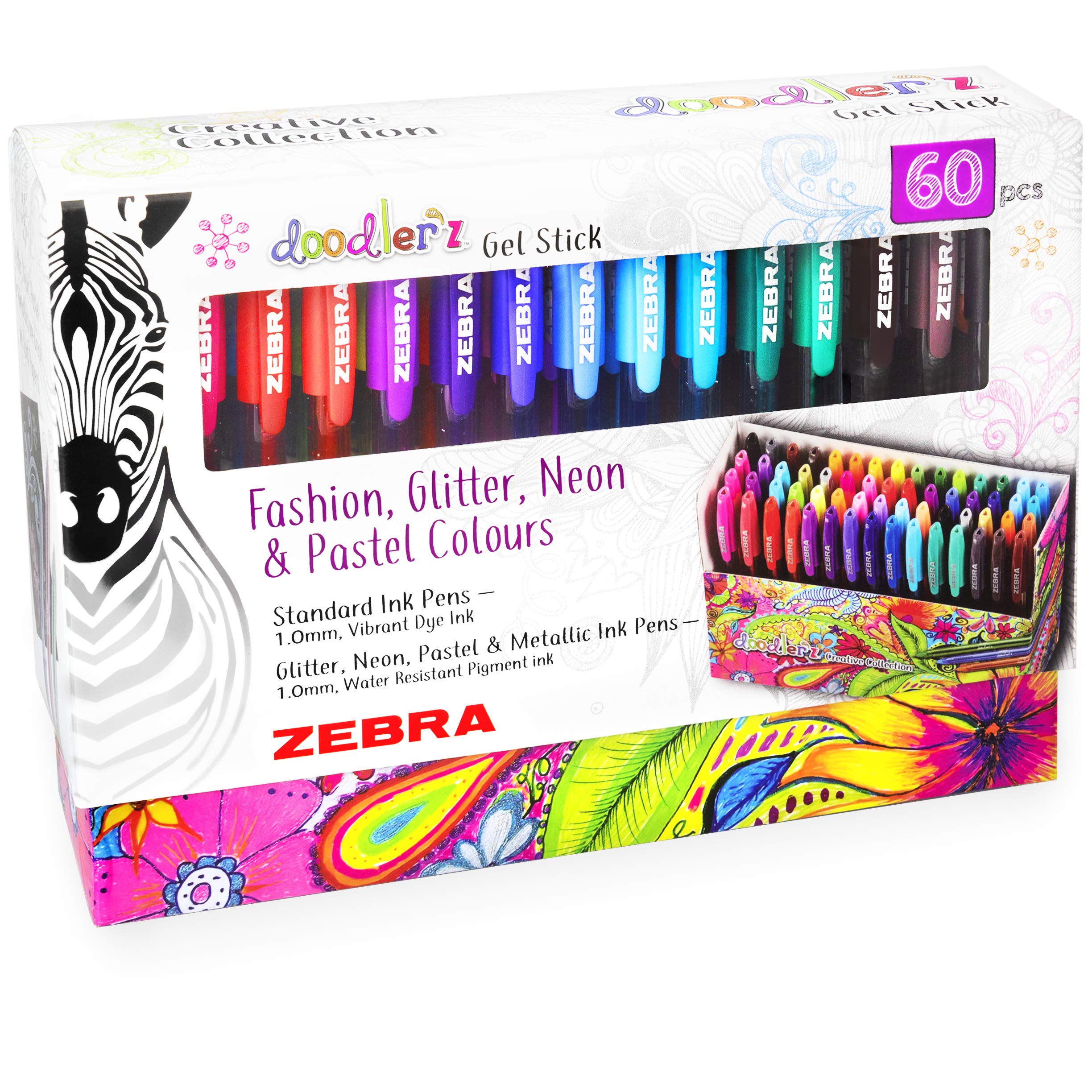 Zebra Doodler'z Gel Stick Pens - 1.0mm Fine Point - 60 Pack with Fashion, Glitter, Neon & Pastel Colors - Perfect for Bullet Journaling, Note Taking, Scrapbooking & Gift Giving