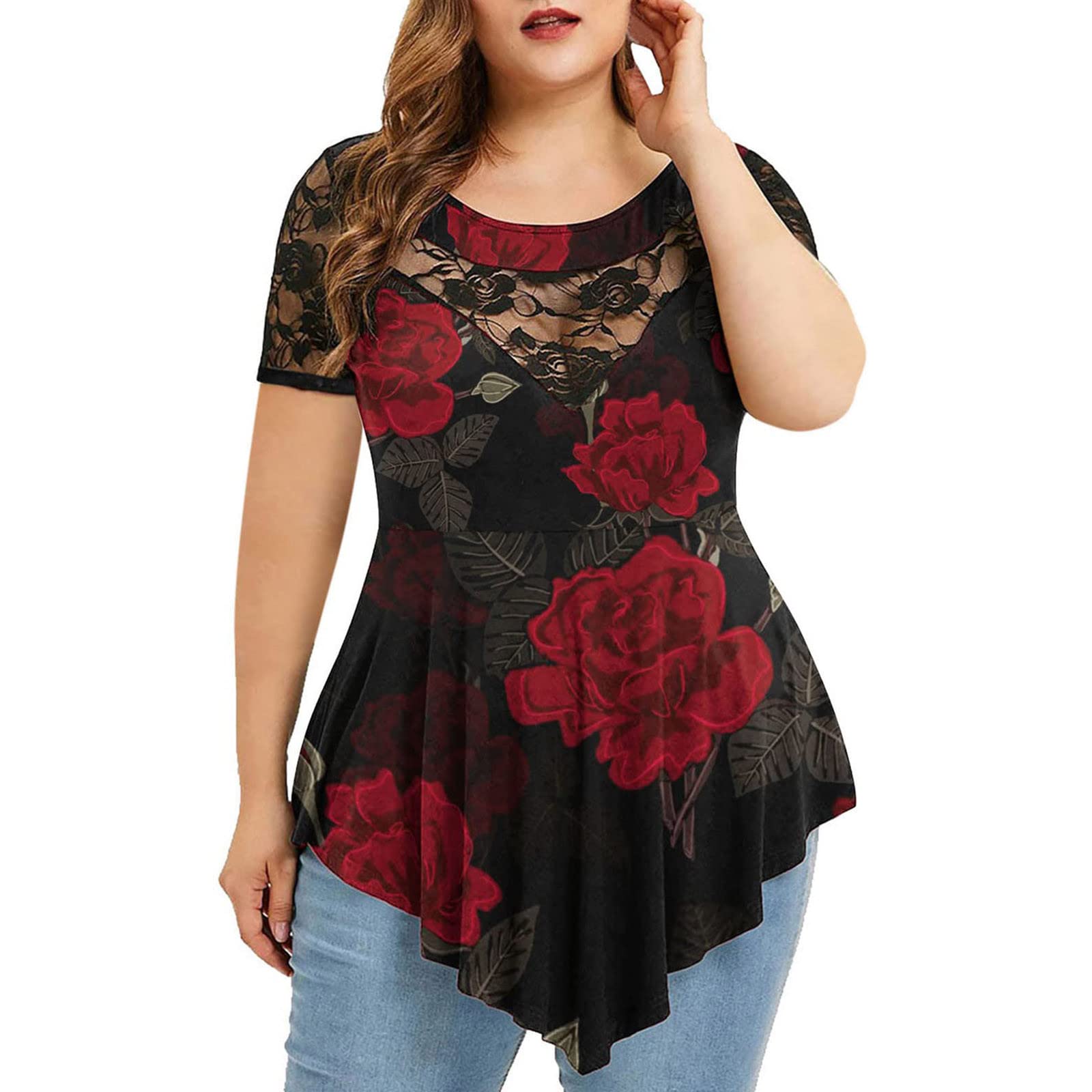 Boho Women's Short Sleeve Lace Neck Blouse - Summer Casual Tunic Top in Plus Size (S-XXL) | Perfect for Beach Outings, Music Festivals & Boho-Chic Everyday Wear