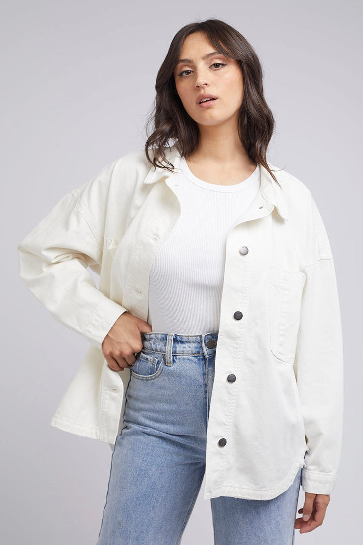 Vintage White Denim Shacket for Women - Classic Oversized Jacket with Button Front - Perfect for Casual Outfits, Layering in Fall & Spring