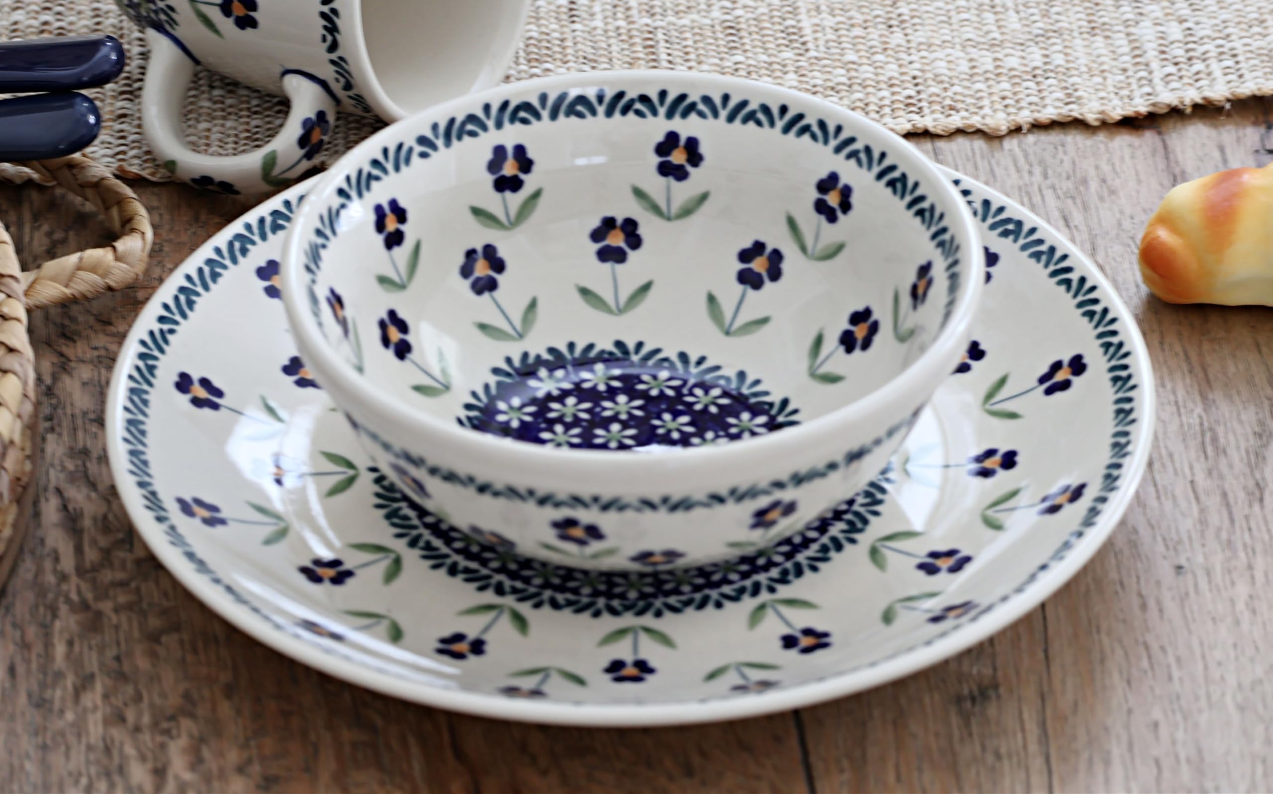 Handmade Blue Rose Polish Pottery Dessert Plate with Daisy Design - Elegant Ceramic Appetizer Plate for Tea Parties, Weddings & Home Decor