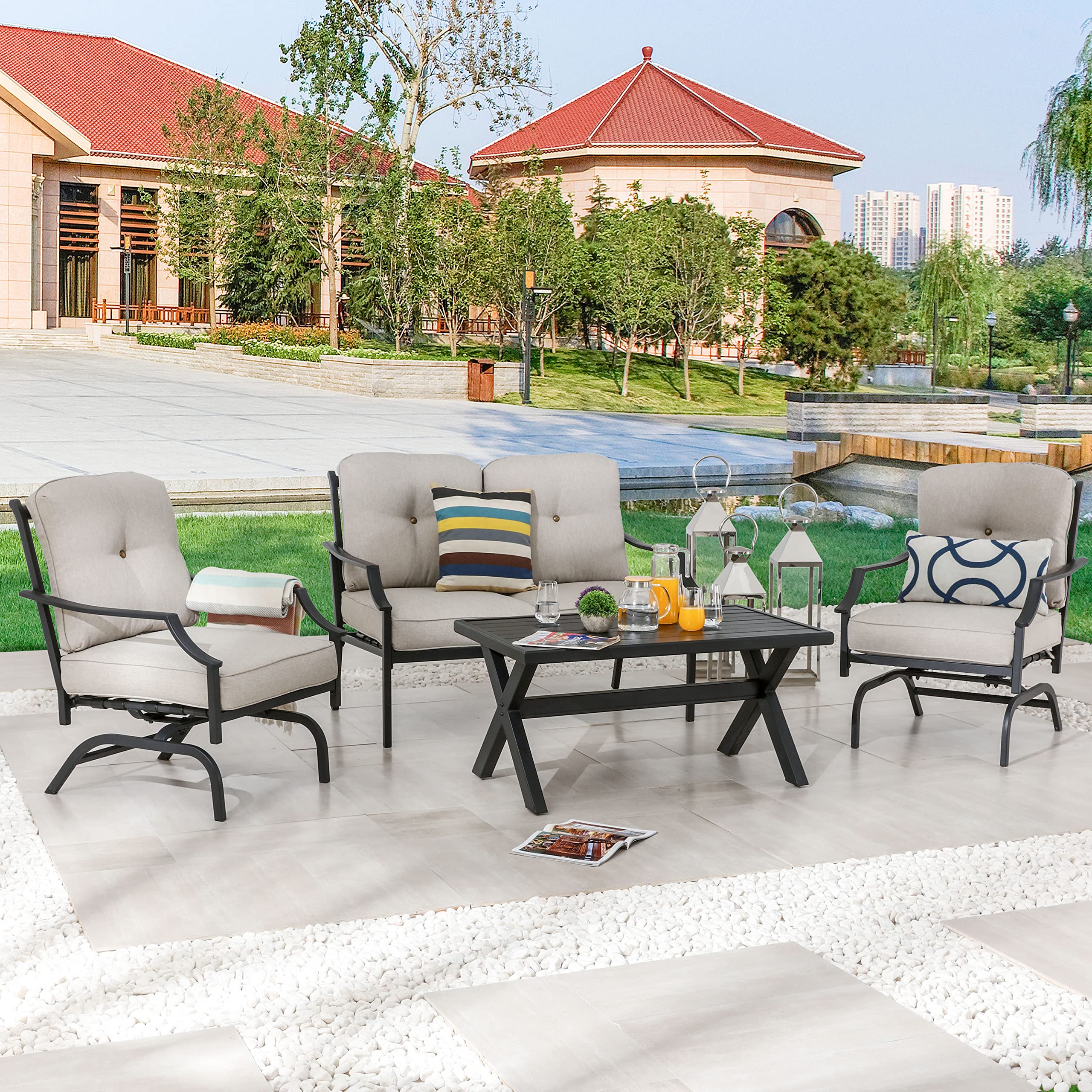 LOKATSE HOME 4-Piece Outdoor Patio Furniture Set - Metal Bistro Chairs with Cushions & Coffee Table, Beige Conversation Set for Garden, Backyard, Poolside & Balcony