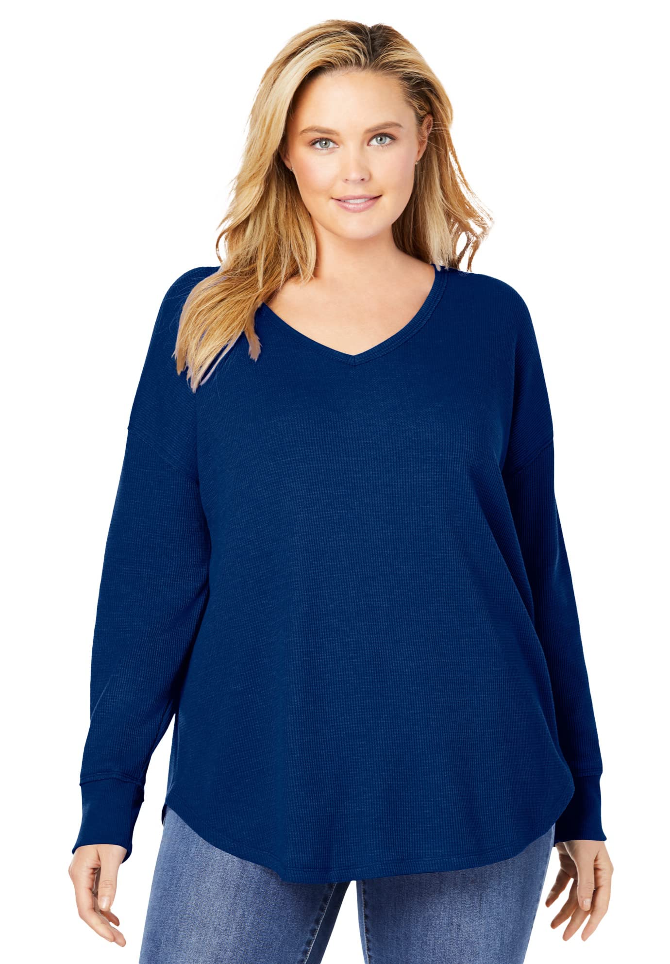 Woman Within Women's Plus Size Washed Thermal Waffle V-Neck Tee Shirt - Soft & Cozy Long Sleeve Top for Casual Wear, Layering & Cold Weather Outfits