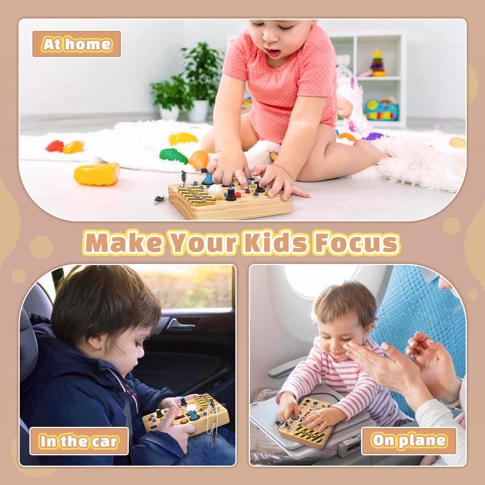 Joyreal Montessori Busy Board - Wooden Sensory Toy with LED Light Switch for Toddlers 18+ Months | Educational Travel Toy for 1-3 Year Old Boys & Girls | Perfect Gift for Learning Fine Motor Skills & Focus - Great for Airplane, Car Rides & Quiet Playtime