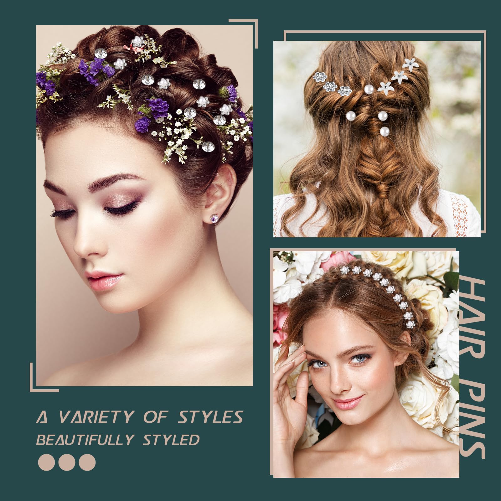 48-Pack Wedding Hair Pins Set - 5 Styles Pearl Rhinestone Crystal Flower Hair Clips & Bridal Hair Accessories for Women | Perfect for Weddings, Prom, Parties & Special Occasions