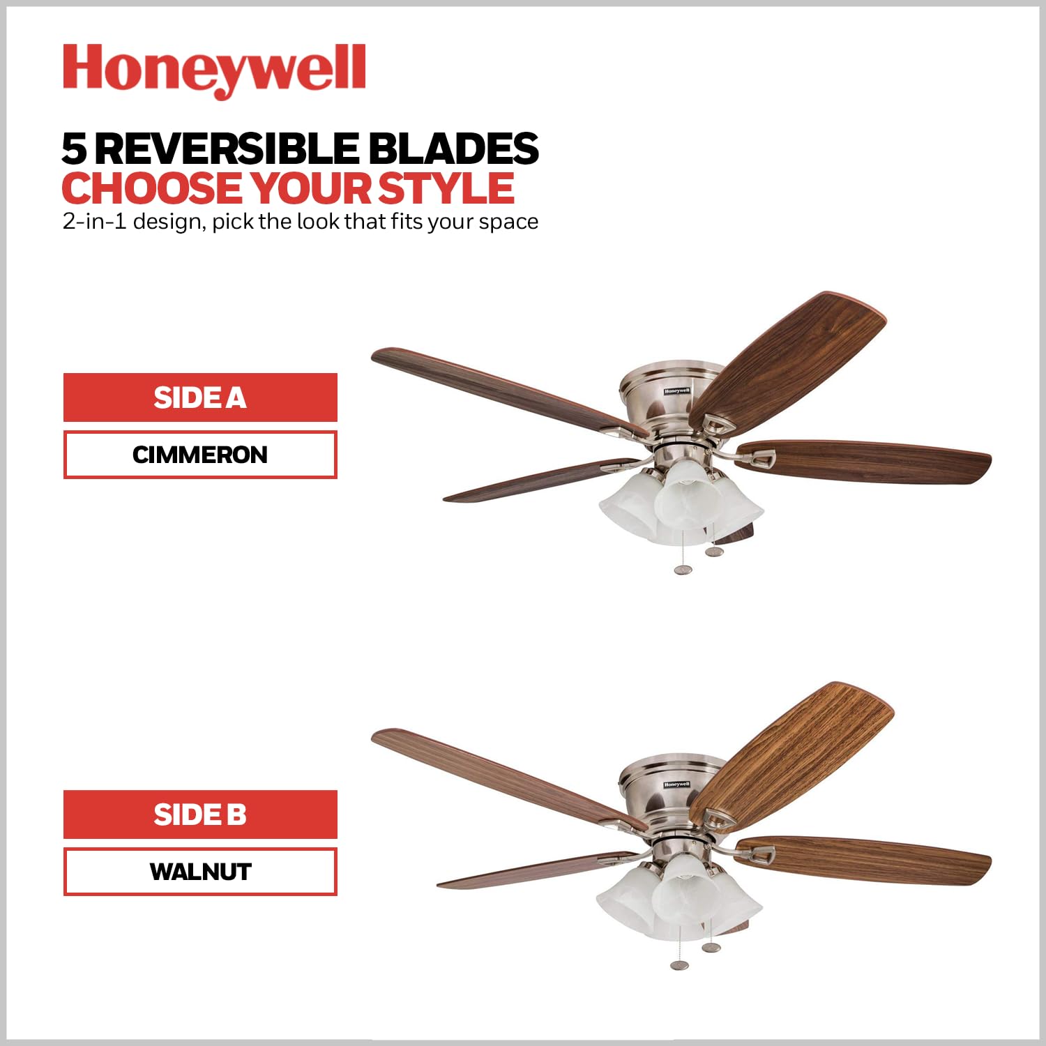 Honeywell 52 Inch Brushed Nickel Ceiling Fan with LED Light - Quick-2-Hang Flush Mount Indoor Fan, Reversible Motor & Dual Finish Blades for Living Room, Bedroom & Office (Model 50182)