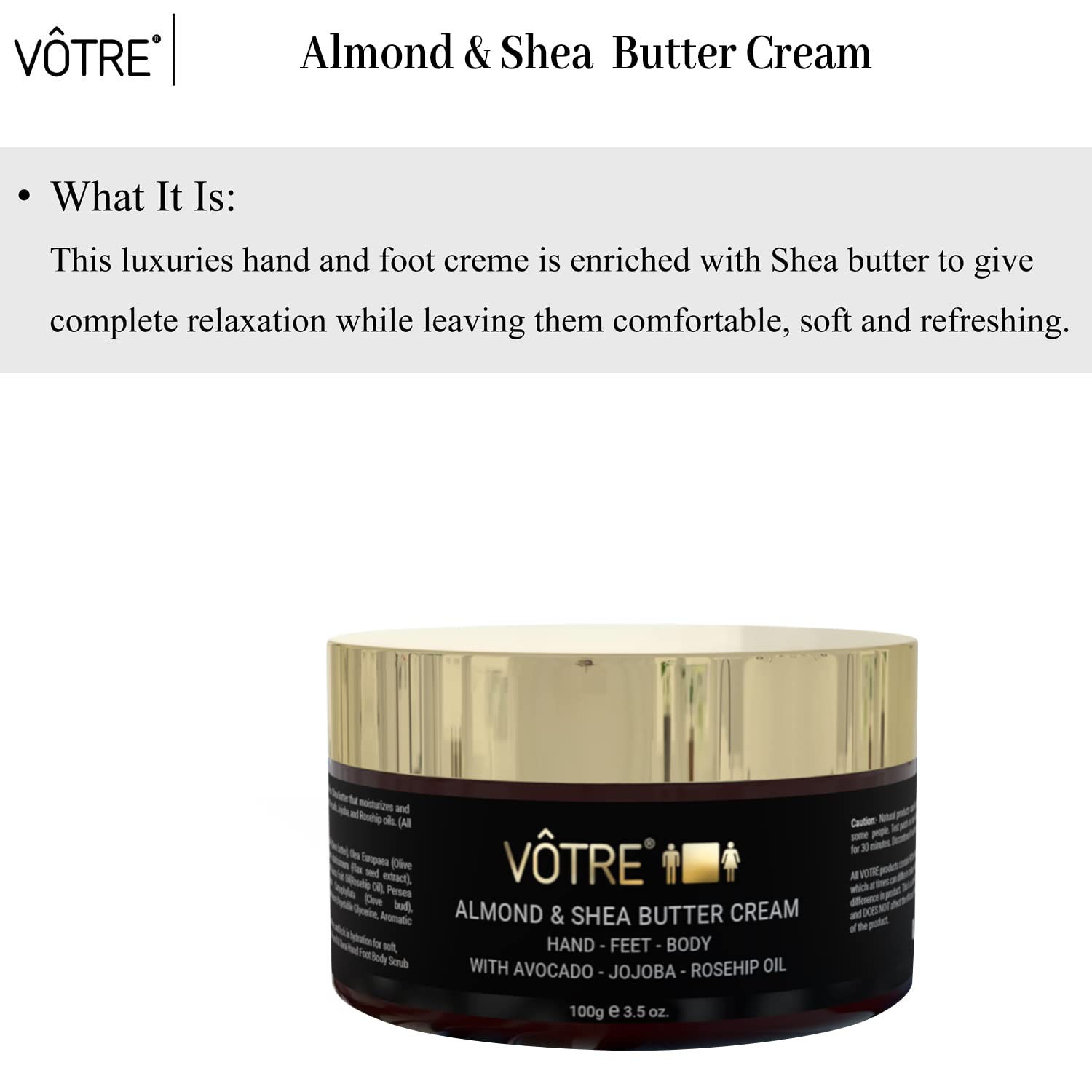VOTRE Almond & Shea Butter Hand, Foot & Body Cream - 100% Natural Vegan Moisturizer for Dry, Rough & Cracked Skin | Deep Hydrating Heel Repair Cream | Perfect for Daily Skincare, Night Treatment & Travel Size Care (100g)