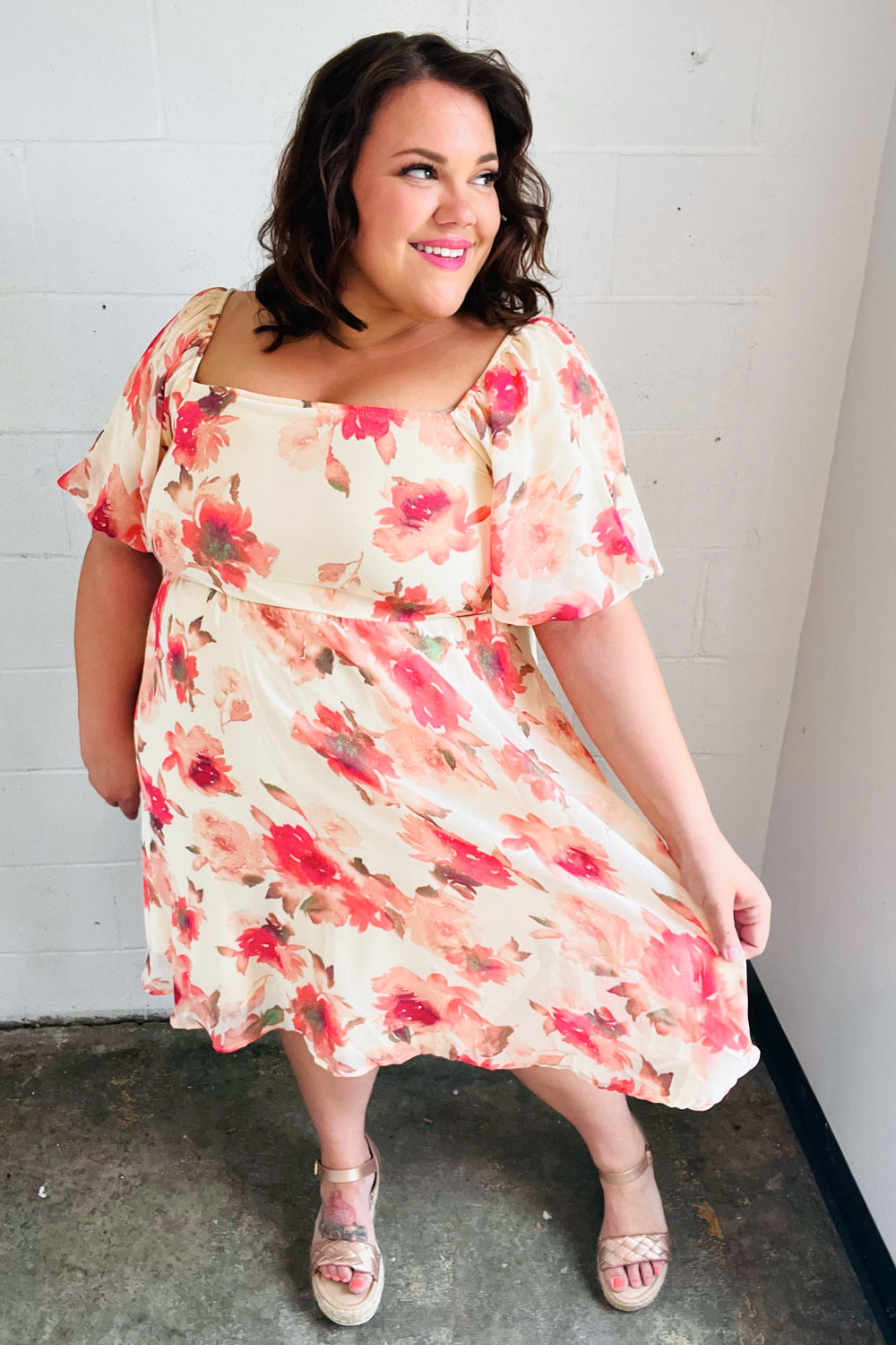 Elegant Peach Floral Chiffon Puff Sleeve Dress for Women - Summer Wedding Guest Outfit & Garden Party Dress