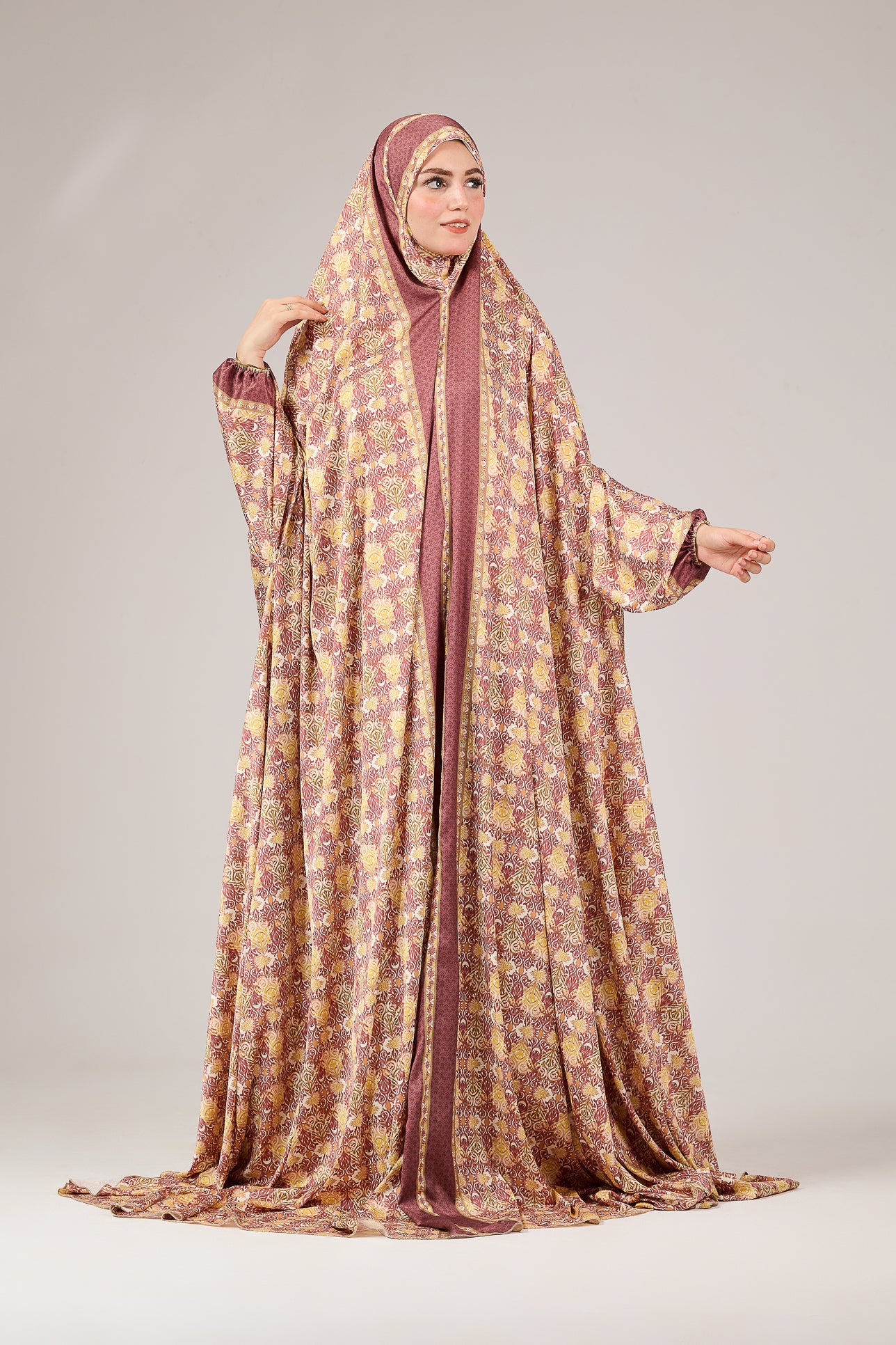 Elegant Satin Floral Prayer Gown with Elastic Cuffs - Comfortable Religious Attire for Church, Home Worship & Special Occasions
