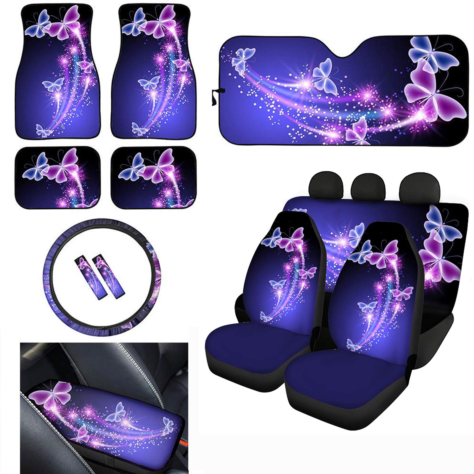 JEOCODY 13PCS Car Accessories Set - Butterfly Car Seat Protector, Front & Rear Floor Mats, Sunshades, Seatbelt Pads, Steering Wheel Cover & Armrest Cushion - Universal Fit for Sedans, SUVs & Minivans - Perfect for Family Road Trips & Daily Commuting
