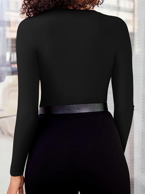 Sexy Plunge Deep V Neck Slim Fit Long Sleeve Bodysuit for Women - Double Lined Stretchy T-Shirt - Perfect for Club Wear, Date Night & Going Out Outfits