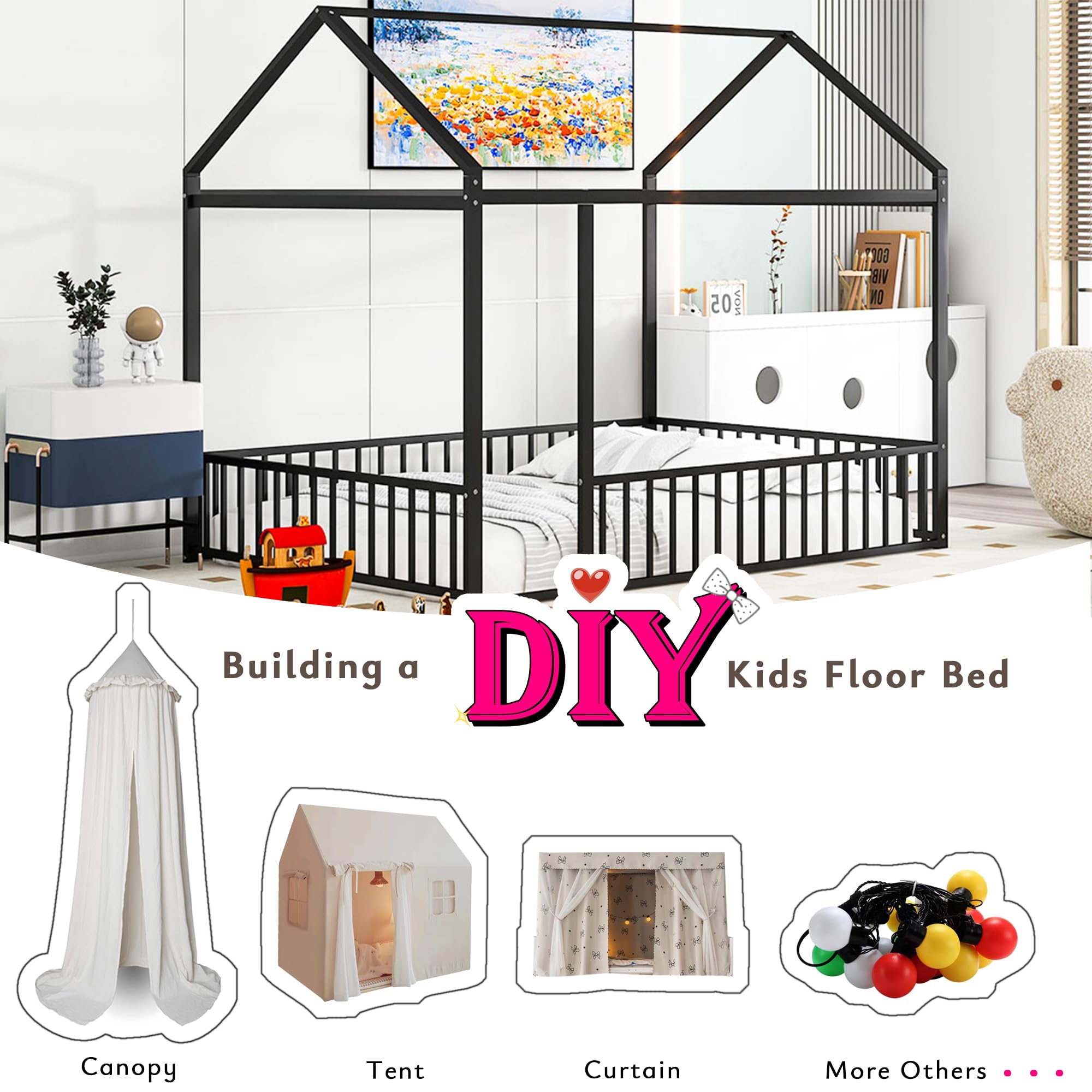 Montessori Floor Bed for Kids - Full Size Metal House Bed Frame with Safety Fence, Black Playhouse Toddler Bed for Boys & Girls - Perfect for Montessori Bedrooms, Playrooms & Safe Sleep Spaces