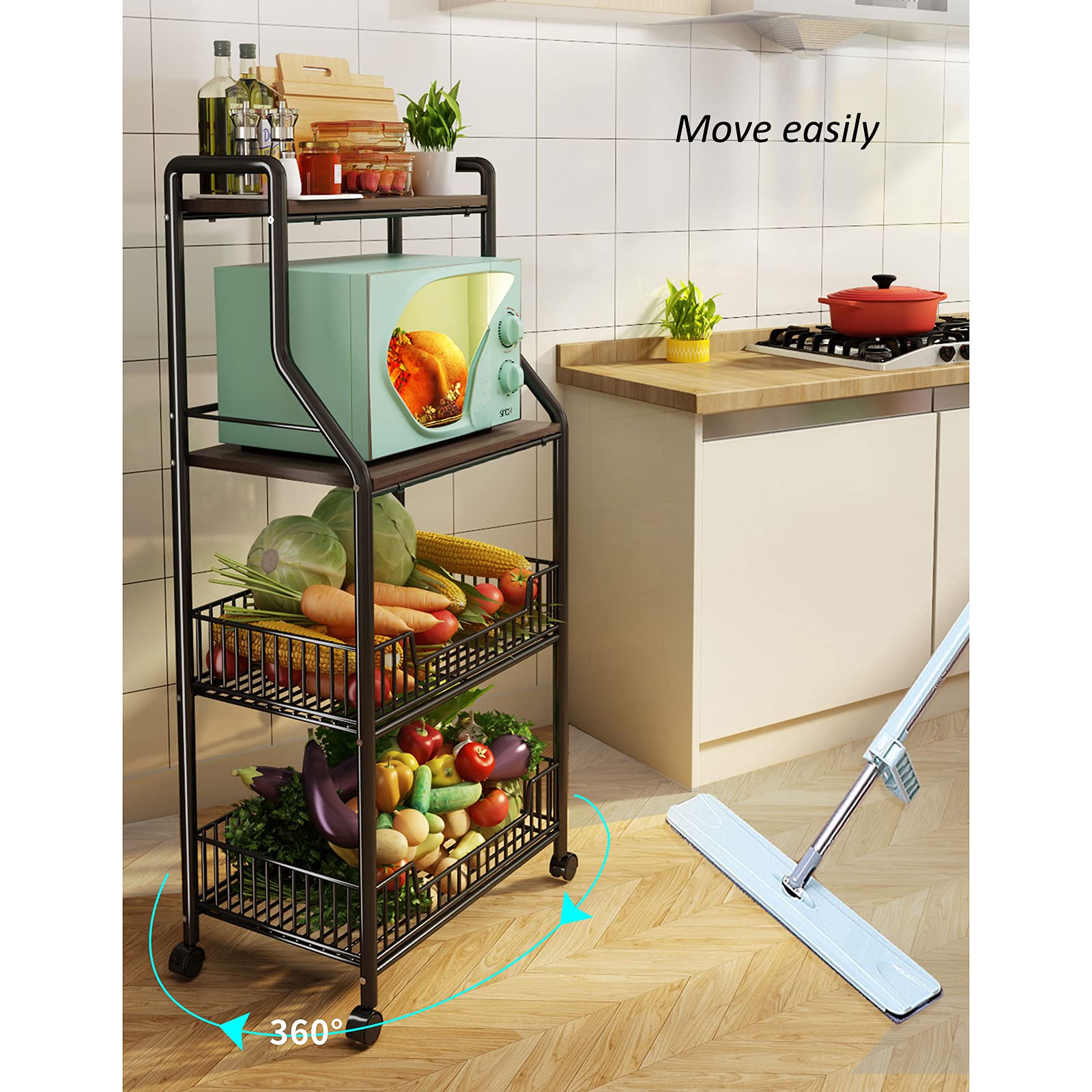 4-Tier Metal Rolling Storage Cart with Wheels - Kitchen Organizer Rack for Pantry, Living Room, Bathroom | Space-Saving Utility Cart for Home & Office Organization
