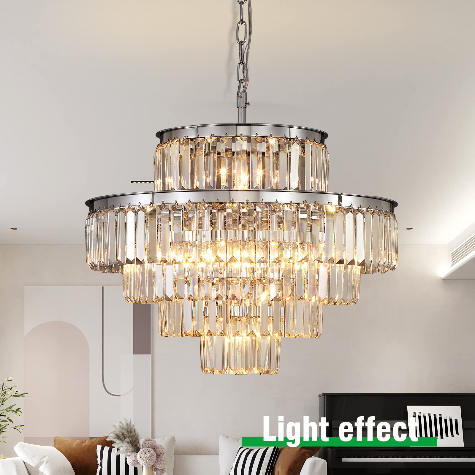 Modern Crystal Chandelier - 5-Tier Round Pendant Ceiling Light Fixture in Chrome (24 Inch) for Dining Room, Living Room, Bedroom & Entryway - Elegant Lighting for Home Decor & Special Occasions