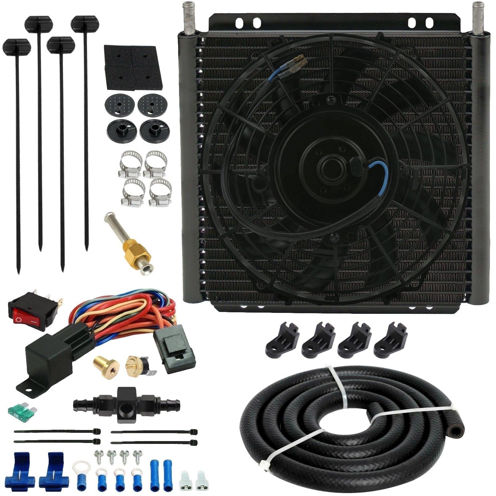26 Row Transmission Oil Cooler with Electric Fan - 6AN Hose Adapter & Temperature Switch Kit for High-Performance Vehicles (Perfect for Racing, Towing & Off-Road Use)