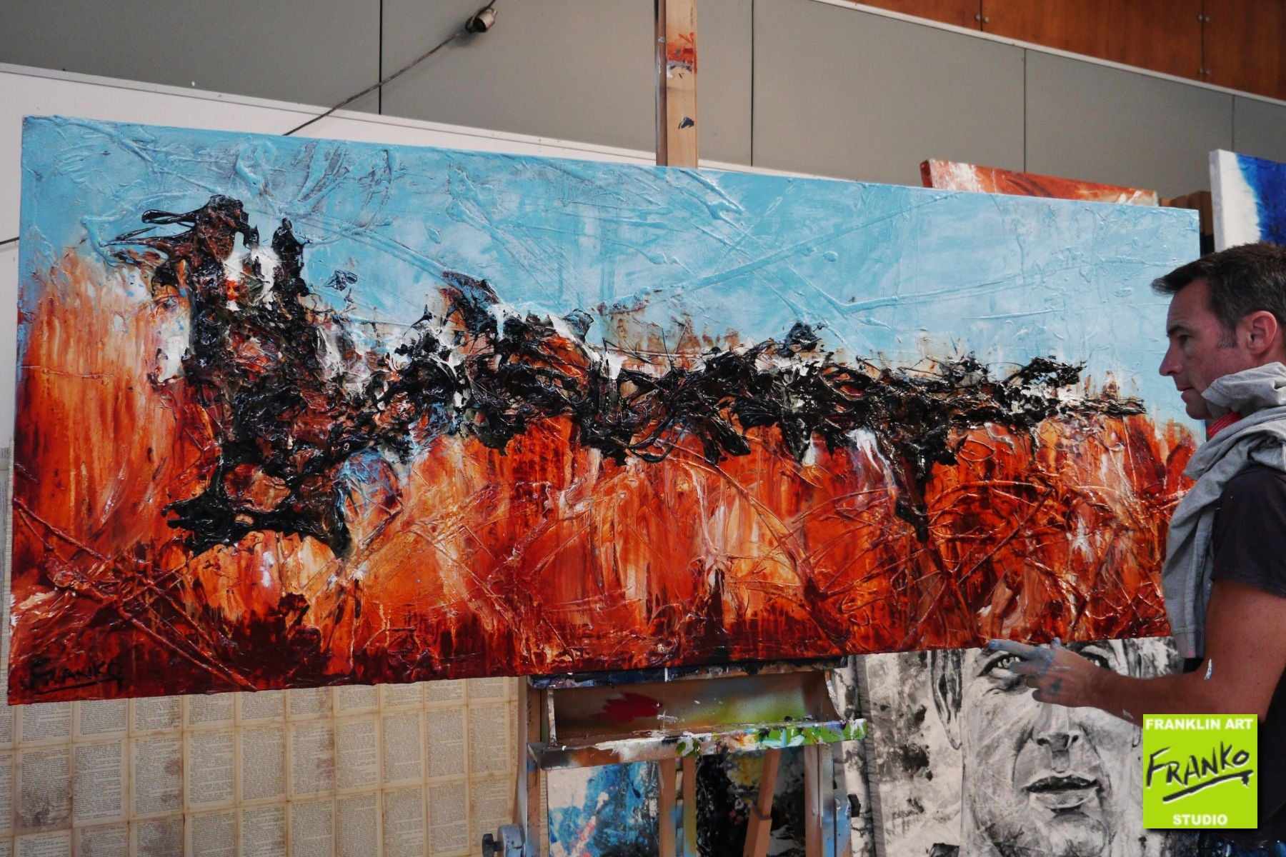 200cm x 80cm Red Oxide Blue Textured Abstract Wall Art Painting - Modern Home Decor for Living Room, Bedroom & Office