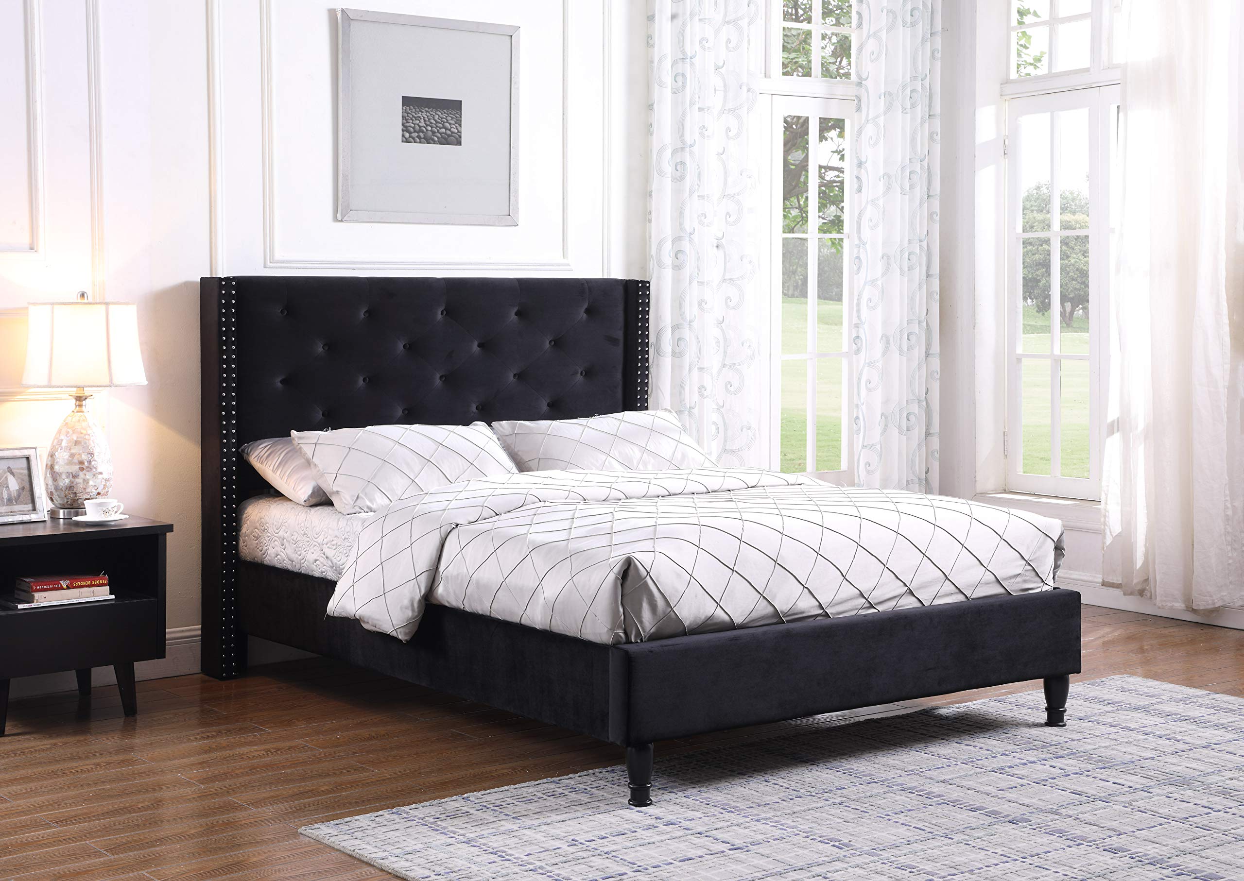 Premium Black Velour King Size Headboard with Platform Slats - 51