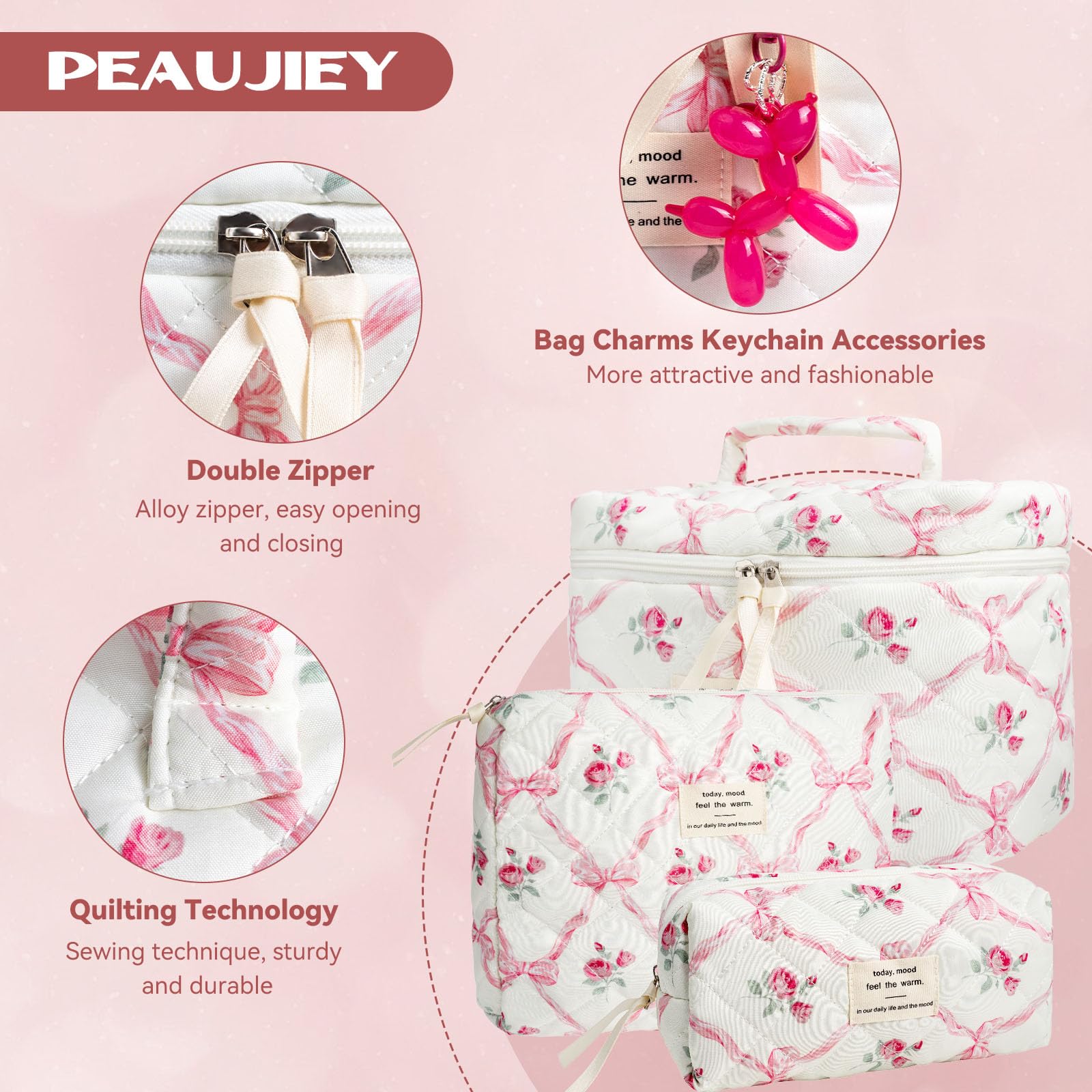 3 PCS Floral Pink Bow Makeup Bag Set - Quilted Cosmetic Organizer for Women & Girls, Large Cotton Travel Toiletry Bag with Pink Flower Design | Perfect for Travel, Gym, and Daily Beauty Storage