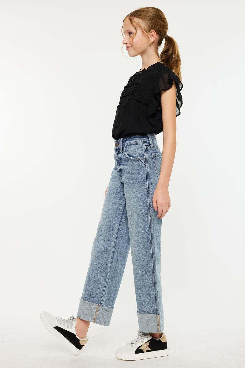 Danielle High Rise Kids Cropped Wide Leg Jeans - Trendy Stretch Denim Pants for Girls | Perfect for School, Playdates & Casual Outings